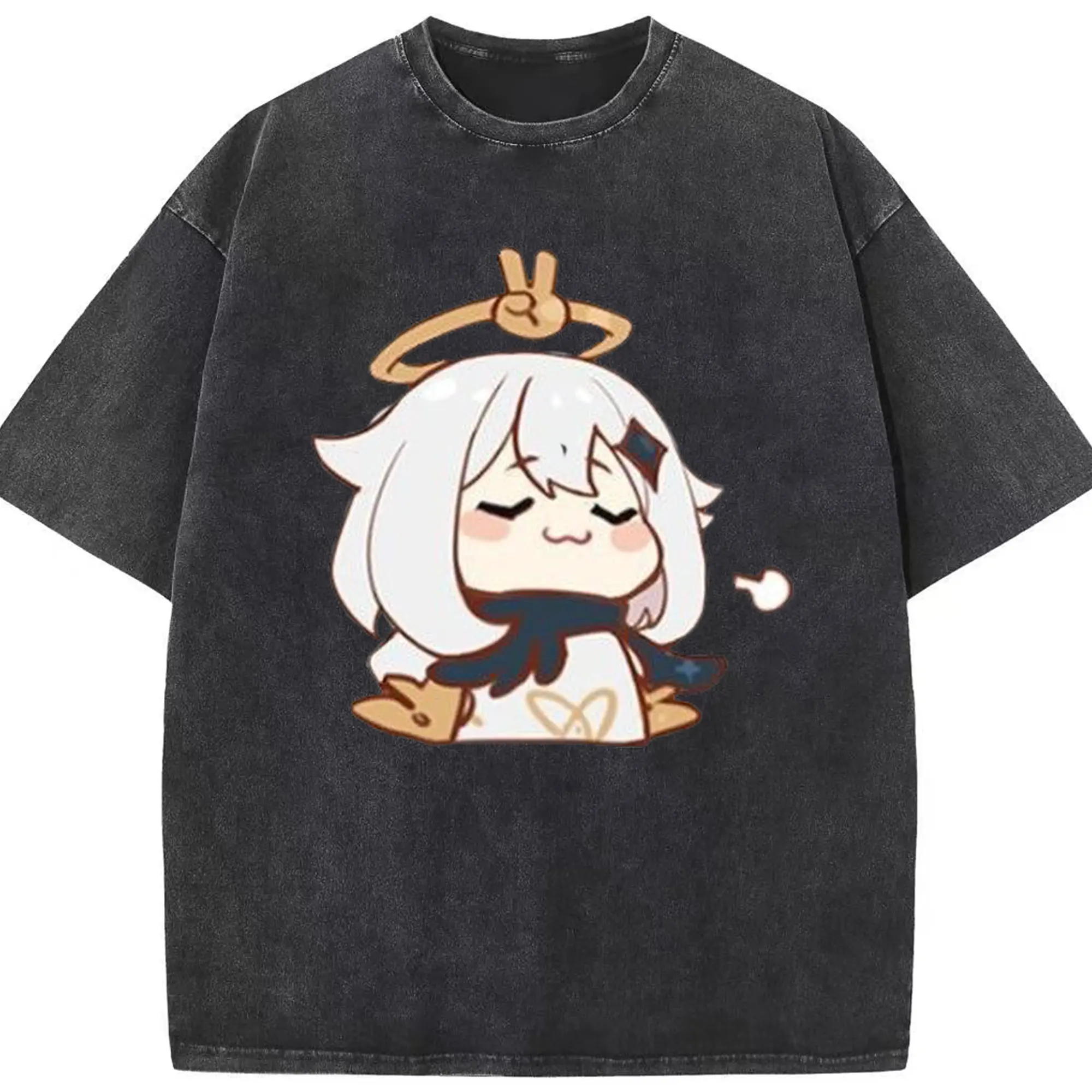 Genshin パイモン - 綿100％ ヴィンテージ風 半袖Tシャツ ・ フロントプリント ・ 柔らか肌触り ・ 通気性 快適 ・ スポーツ カジュアル 外出用