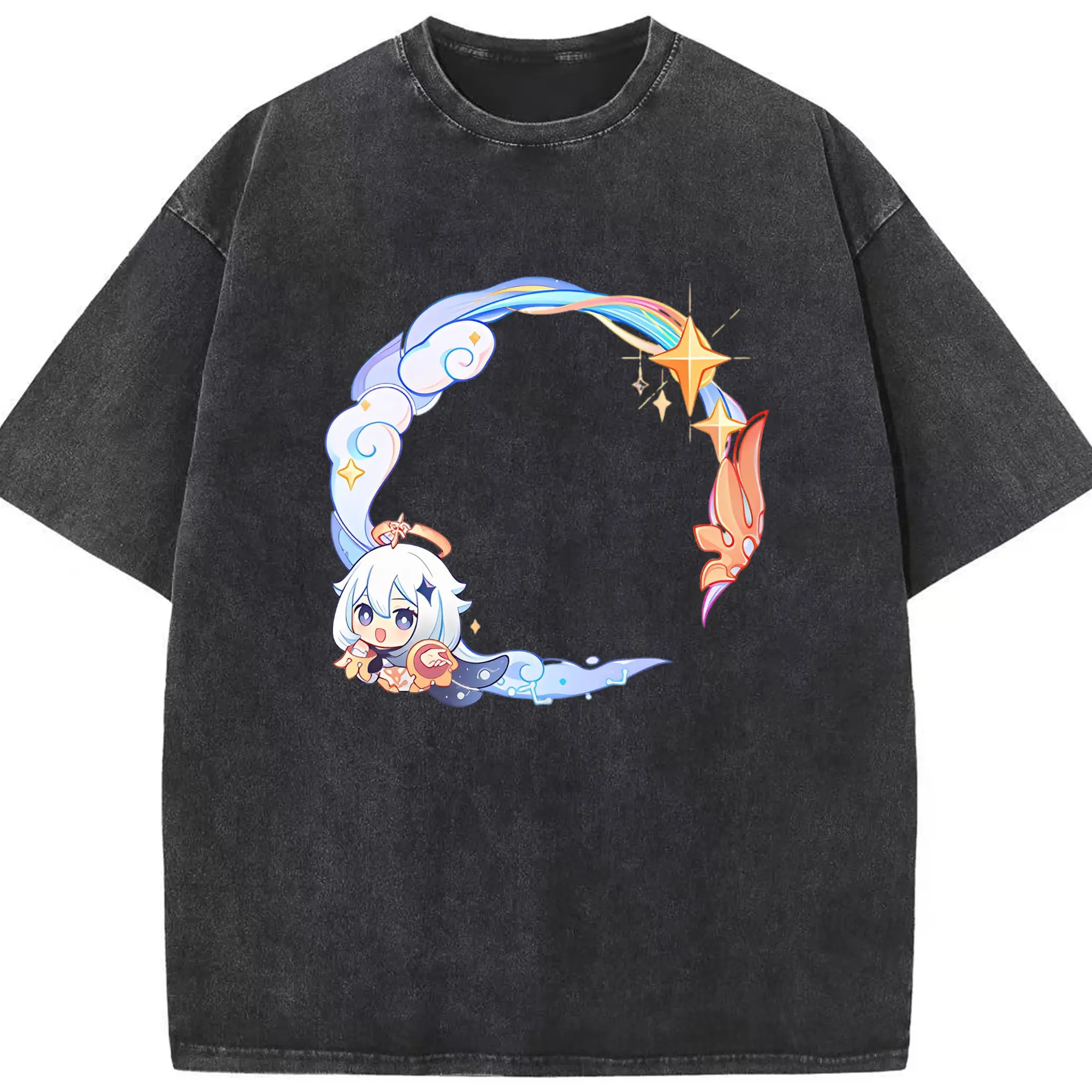 Genshin パイモン - 綿100％ ヴィンテージ風 半袖Tシャツ ・ フロントプリント ・ 柔らか肌触り ・ 通気性 快適 ・ スポーツ カジュアル 外出用