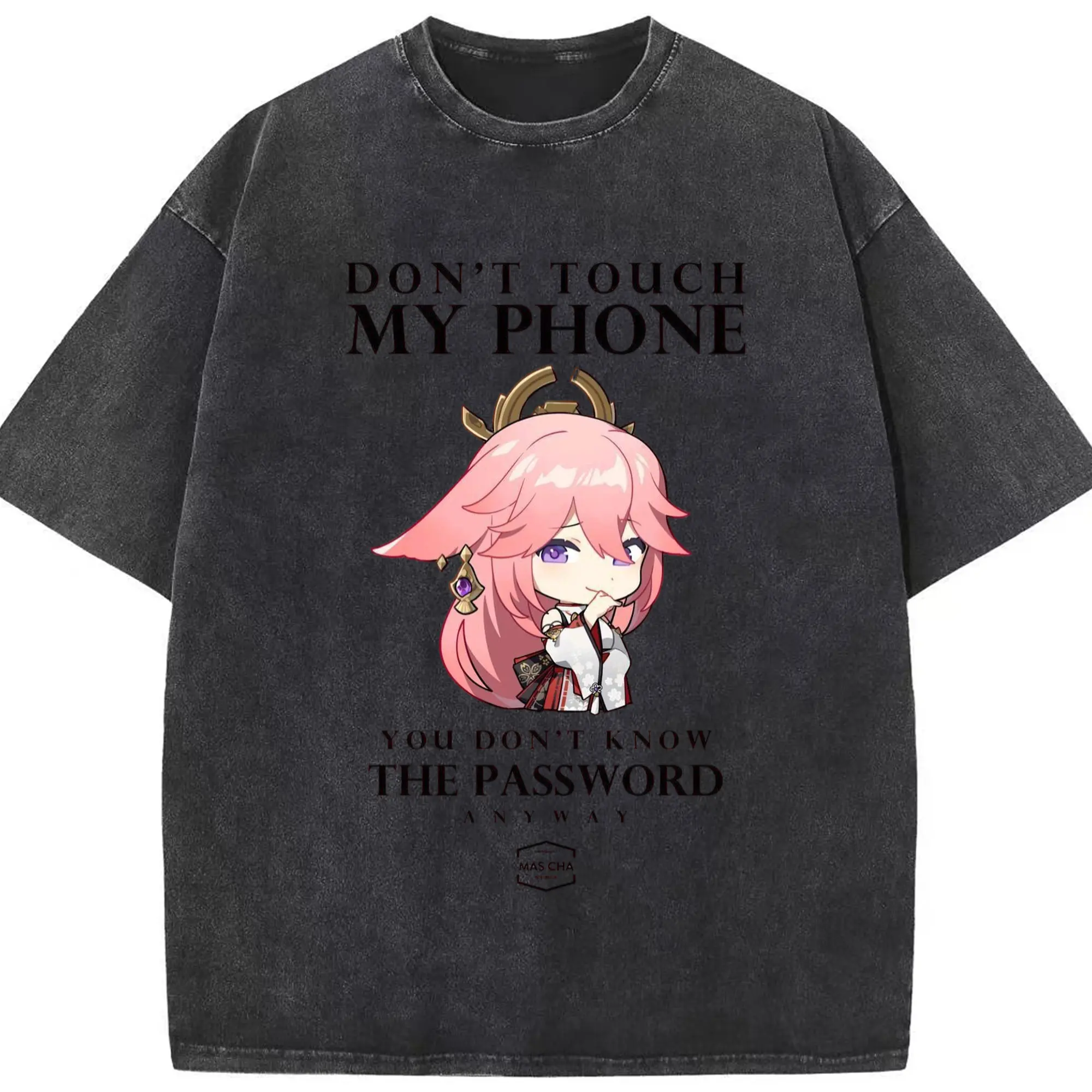 Genshin 稲妻 八重神子 - 綿100％ ヴィンテージ風 半袖Tシャツ ・ フロントプリント ・ 柔らか肌触り ・ 通気性 快適 ・ スポーツ カジュアル 外出用