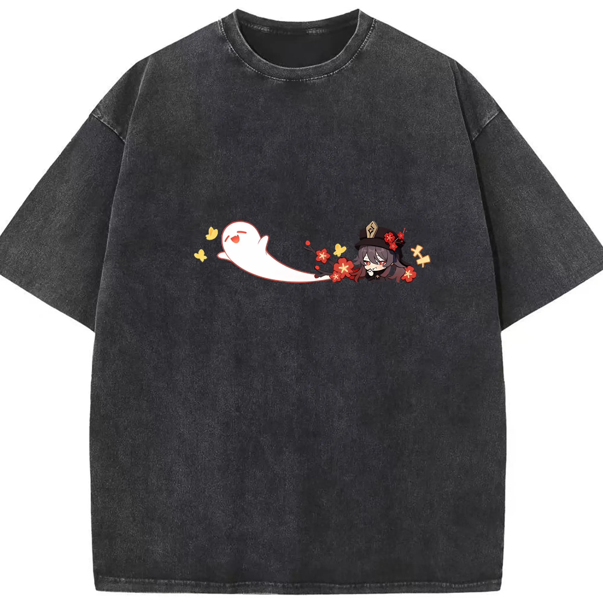 Genshin リーユエ フートウ - 綿100％ ヴィンテージ風 半袖Tシャツ ・ フロントプリント ・ 柔らか肌触り ・ 通気性 快適 ・ スポーツ カジュアル 外出用