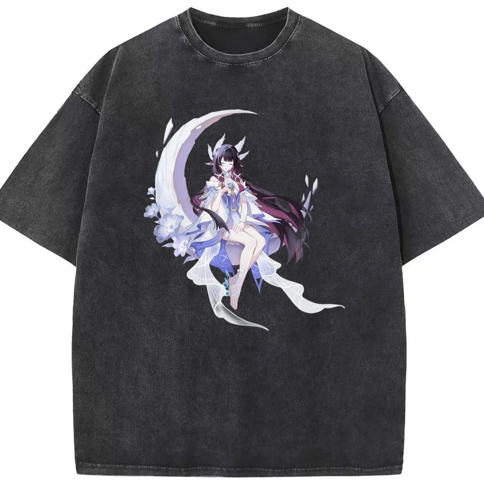 Genshin ナド・クライ 月神 げっしん コロンビーナ - 綿100％ ヴィンテージ風 半袖Tシャツ ・ フロントプリント ・ 柔らか肌触り ・ 通気性 快適 ・ スポーツ カジュアル 外出用