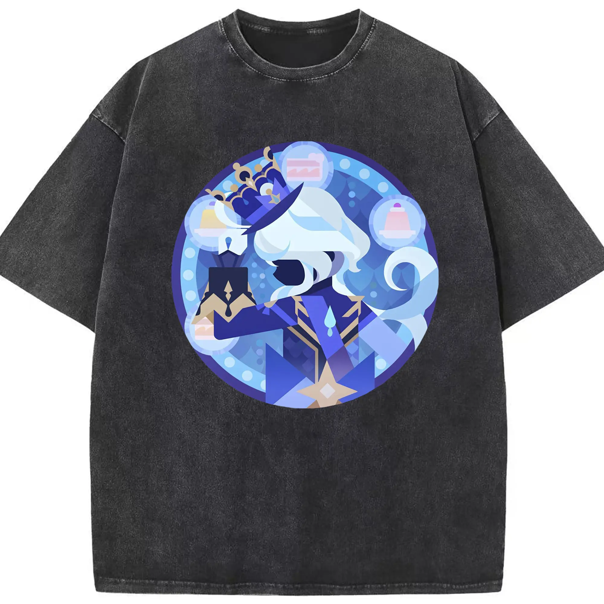 Genshin フォンテーヌ 水神すいじんフォカロルス フリーナ - 綿100％ ヴィンテージ風 半袖Tシャツ ・ フロントプリント ・ 柔らか肌触り ・ 通気性 快適 ・ スポーツ カジュアル 外出用