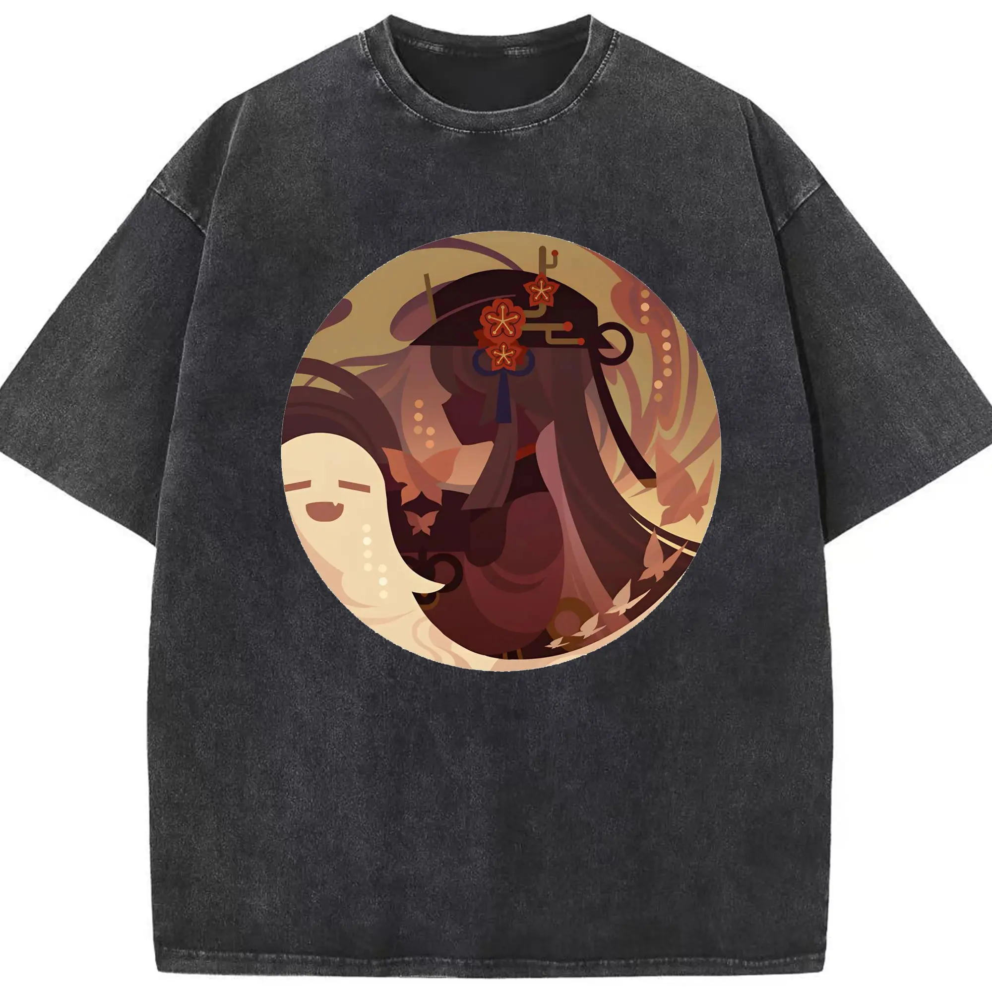 Genshin リーユエ フータオ - 綿100％ ヴィンテージ風 半袖Tシャツ ・ フロントプリント ・ 柔らか肌触り ・ 通気性 快適 ・ スポーツ カジュアル 外出用