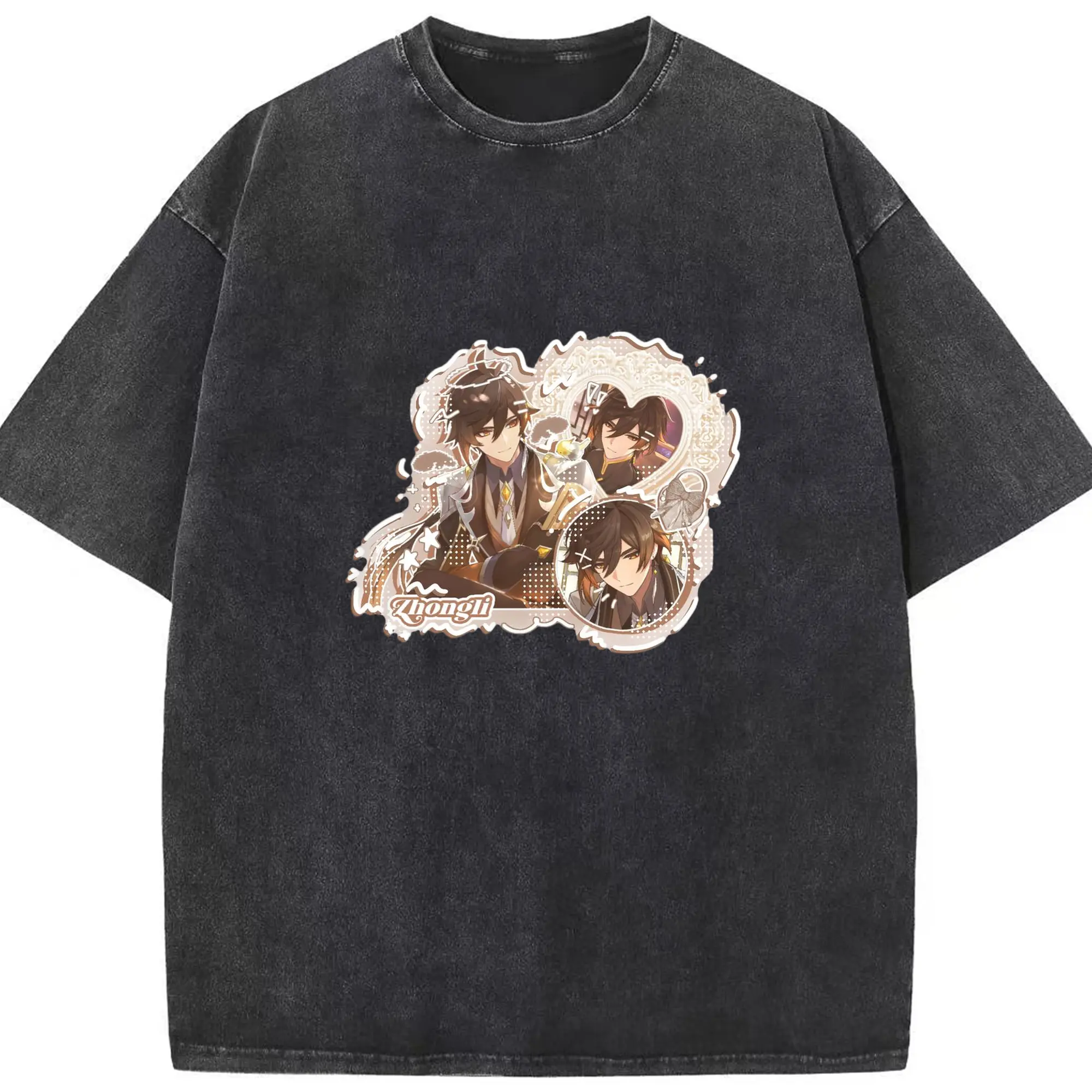 Genshin リーユエ 岩神がんしんモラクス 鍾離 - 綿100％ ヴィンテージ風 半袖Tシャツ ・ フロントプリント ・ 柔らか肌触り ・ 通気性 快適 ・ スポーツ カジュアル 外出用