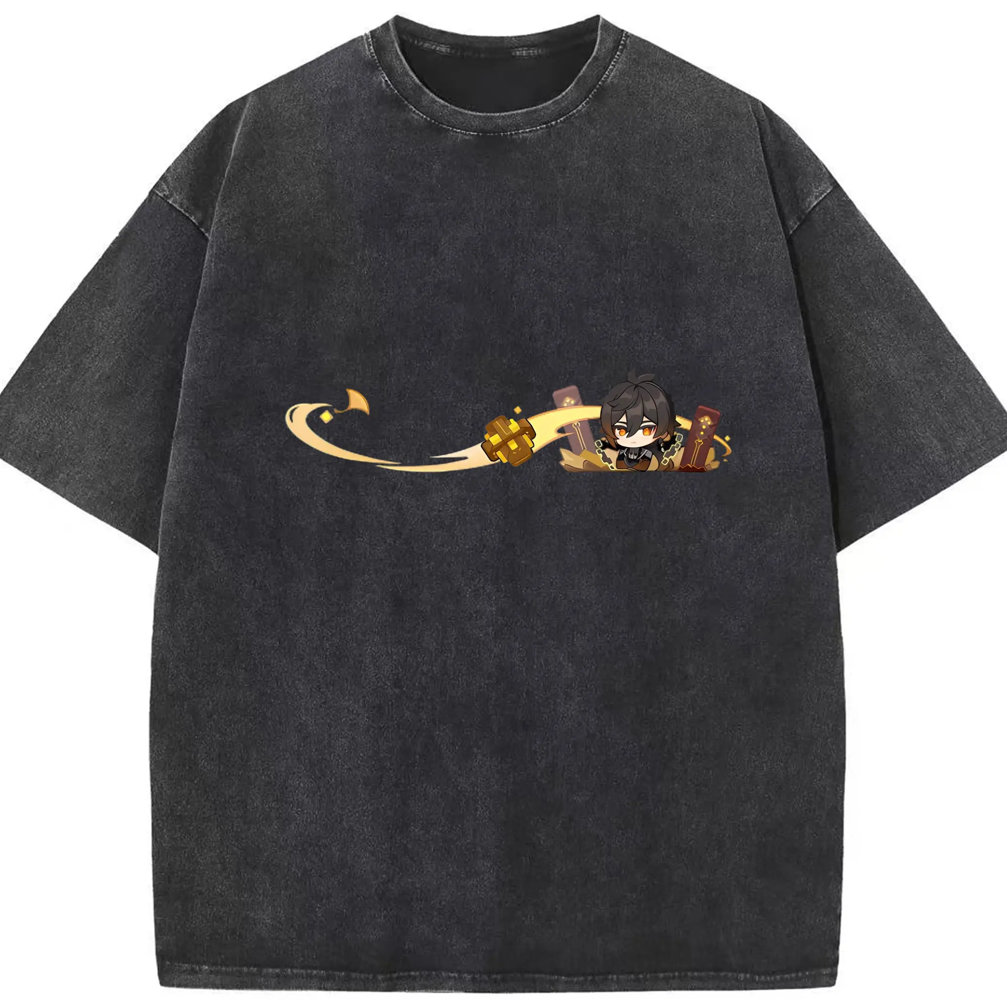 Genshin  岩神がんしんモラクス ショウリ - 綿100％ ヴィンテージ風 半袖Tシャツ ・ フロントプリント ・ 柔らか肌触り ・ 通気性 快適 ・ スポーツ カジュアル 外出用