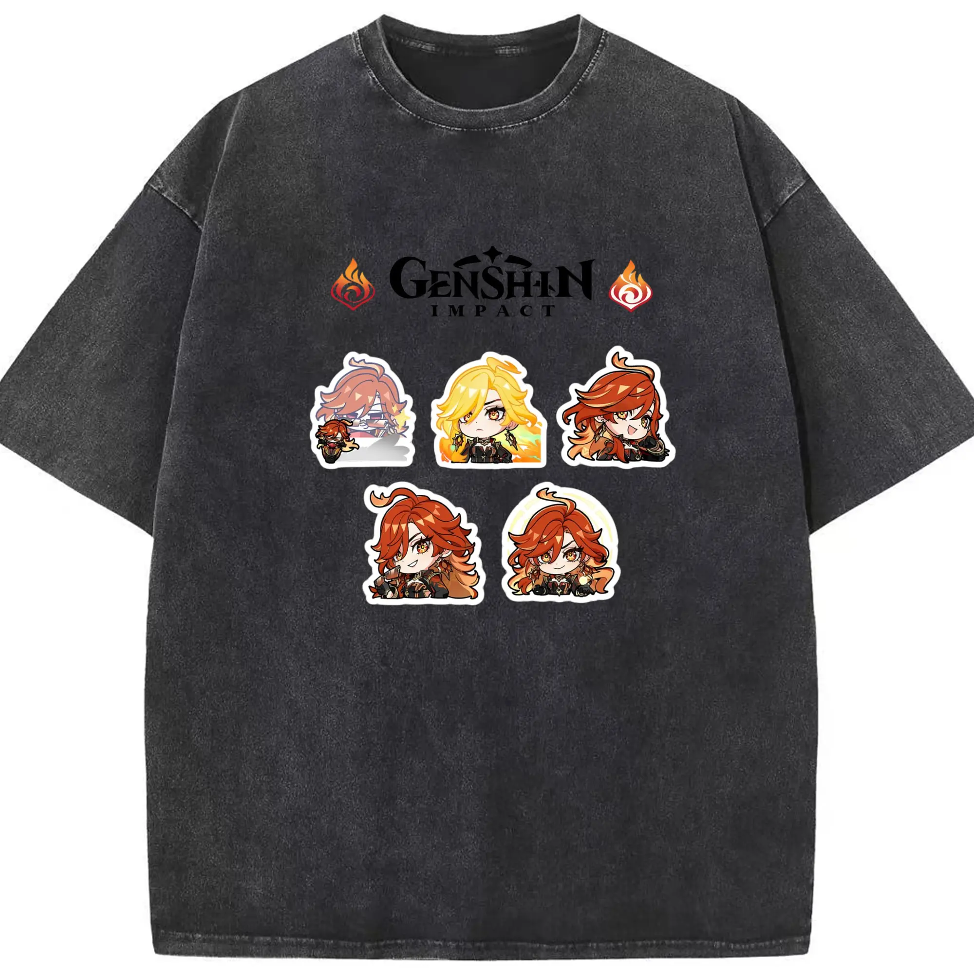 Genshin ナタ 炎神えんしん マーヴィカ - 綿100％ ヴィンテージ風 半袖Tシャツ ・ フロントプリント ・ 柔らか肌触り ・ 通気性 快適 ・ スポーツ カジュアル 外出用