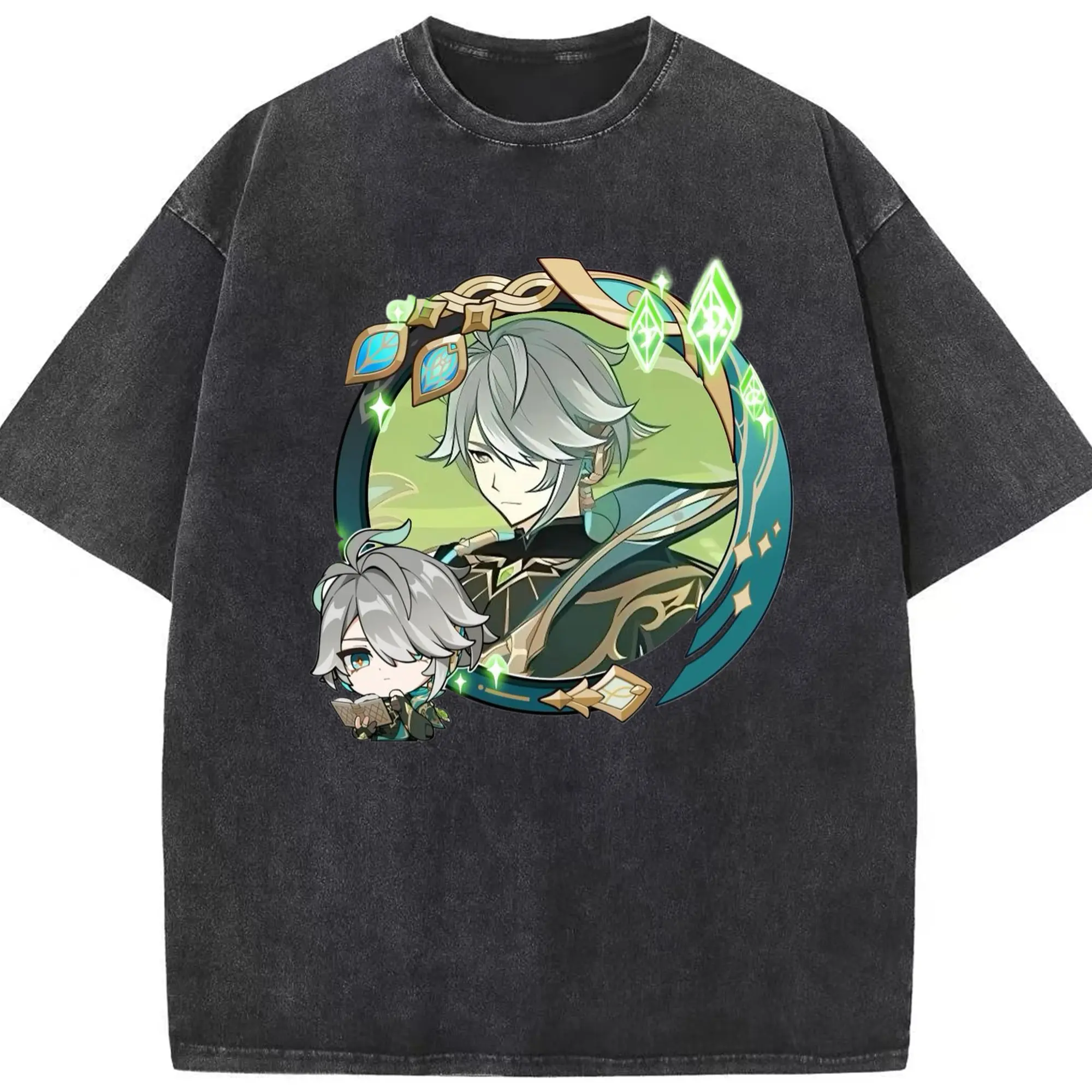 Genshin スメール アルハイゼン - 綿100％ ヴィンテージ風 半袖Tシャツ ・ フロントプリント ・ 柔らか肌触り ・ 通気性 快適 ・ スポーツ カジュアル 外出用