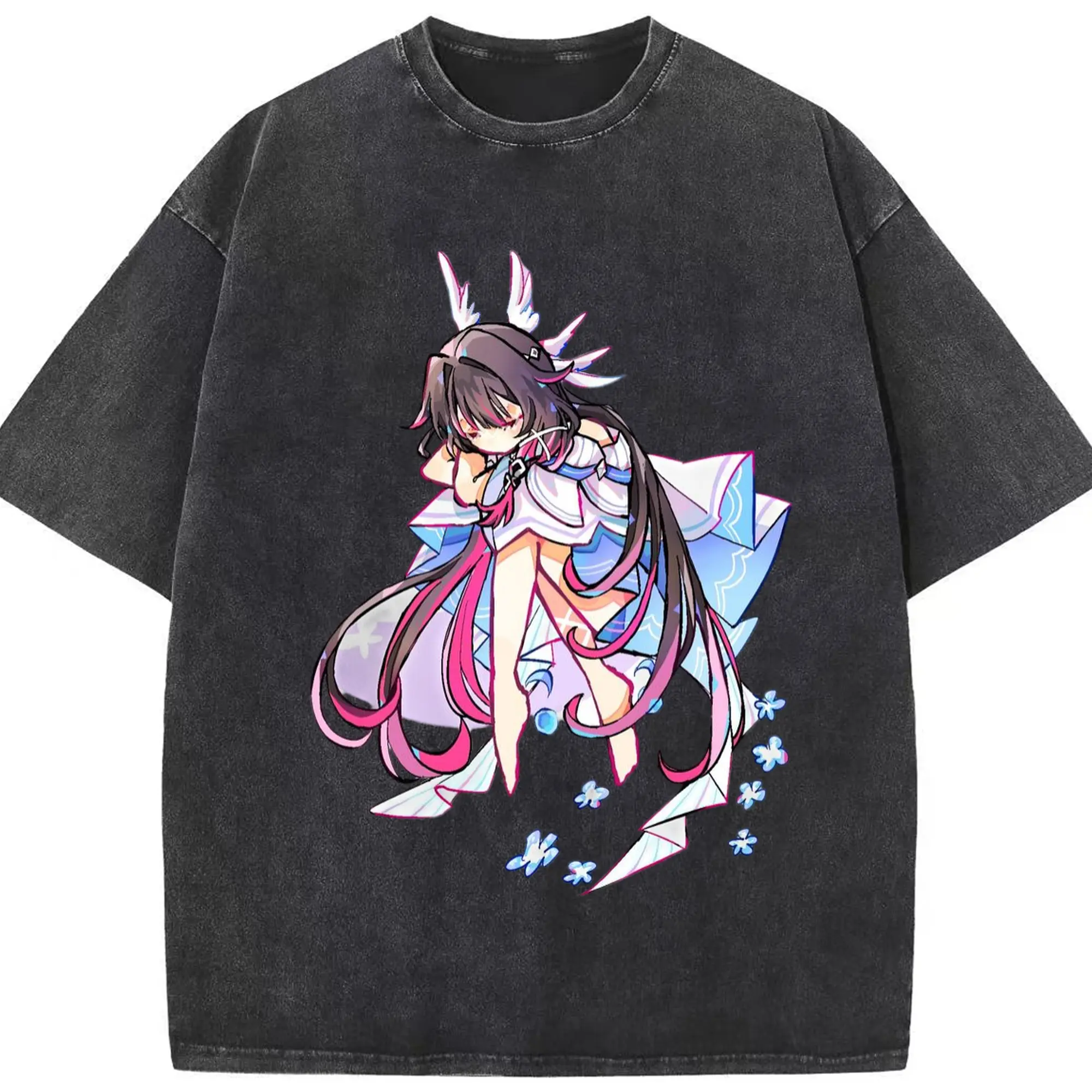 Genshin ナド・クライ  月神 げっしん コロンビーナ - 綿100％ ヴィンテージ風 半袖Tシャツ ・ フロントプリント ・ 柔らか肌触り ・ 通気性 快適 ・ スポーツ カジュアル 外出用