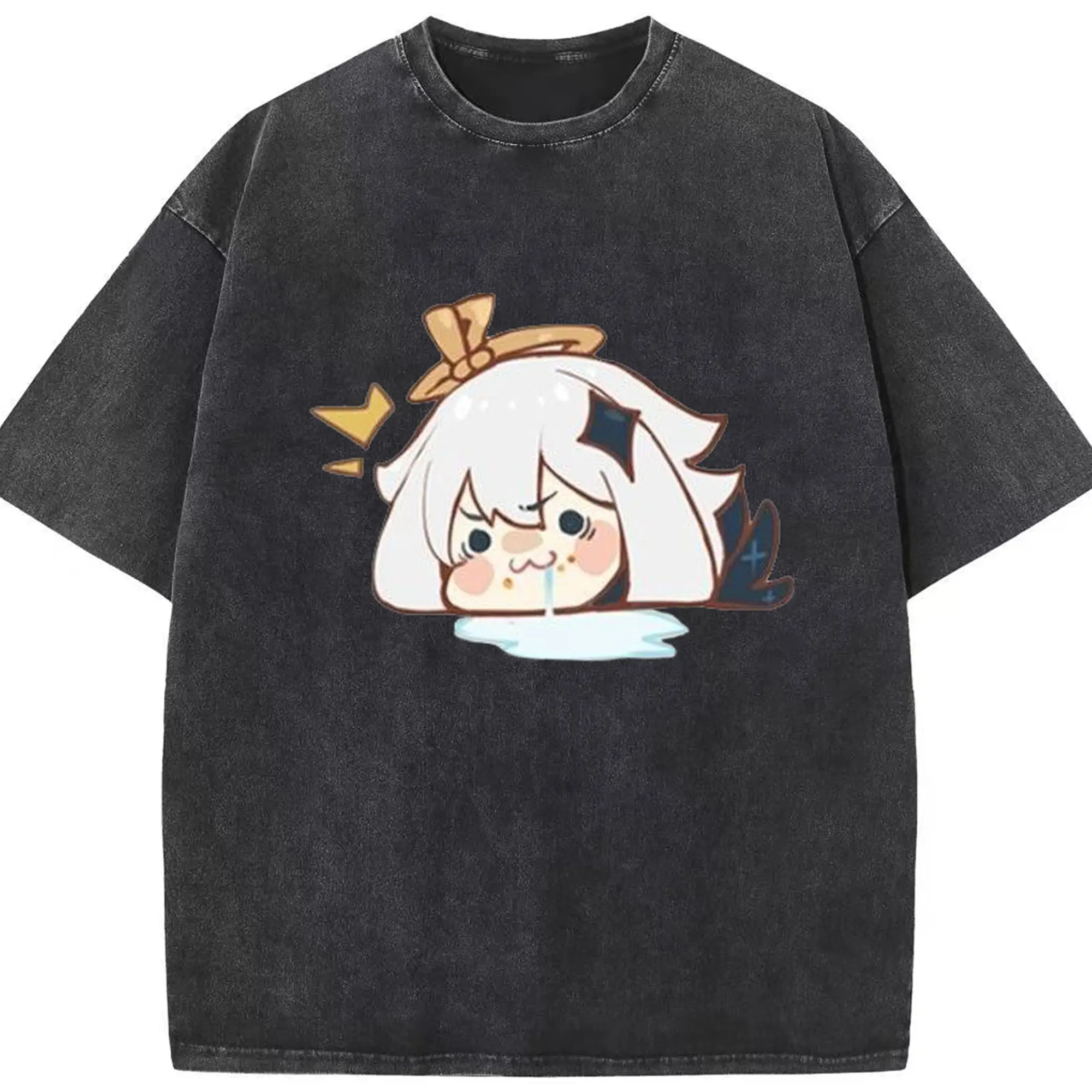 Genshin パイモン - 綿100％ ヴィンテージ風 半袖Tシャツ ・ フロントプリント ・ 柔らか肌触り ・ 通気性 快適 ・ スポーツ カジュアル 外出用