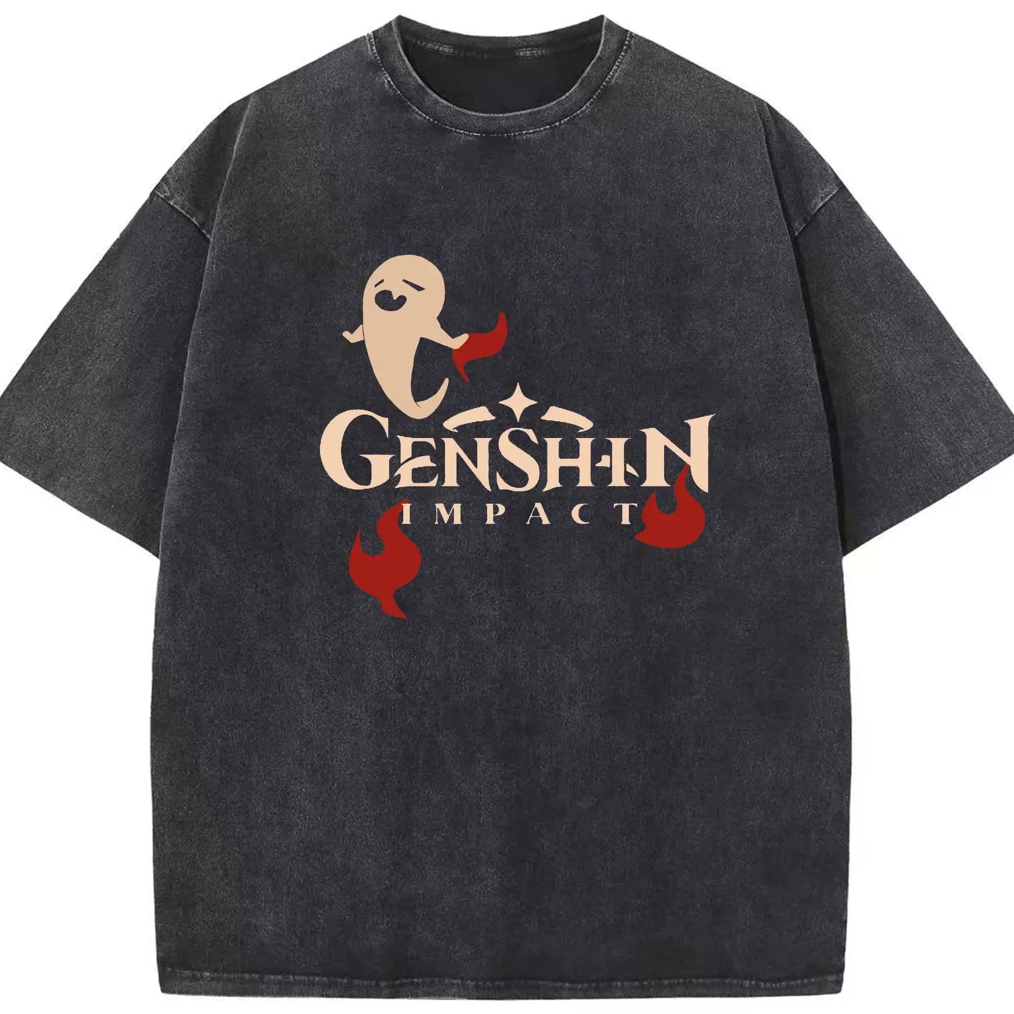 Genshi フータオ シンプル原神ロゴ - 綿100％ ヴィンテージ風 半袖Tシャツ ・ フロントプリント ・ 柔らか肌触り ・ 通気性 快適 ・ スポーツ カジュアル 外出用