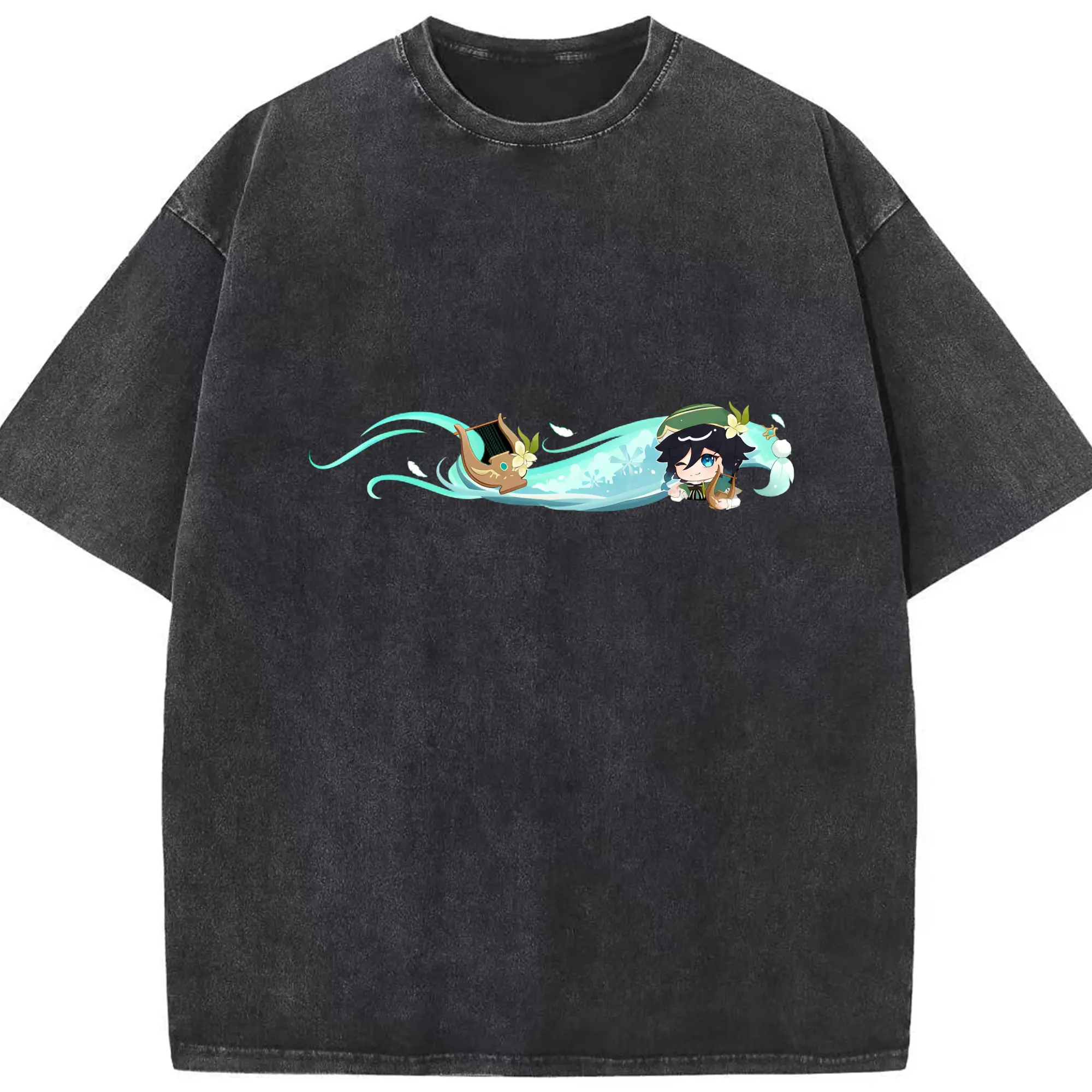 Genshin モンド 風神ふうじん バルバトス - 綿100％ ヴィンテージ風 半袖Tシャツ ・ フロントプリント ・ 柔らか肌触り ・ 通気性 快適 ・ スポーツ カジュアル 外出用