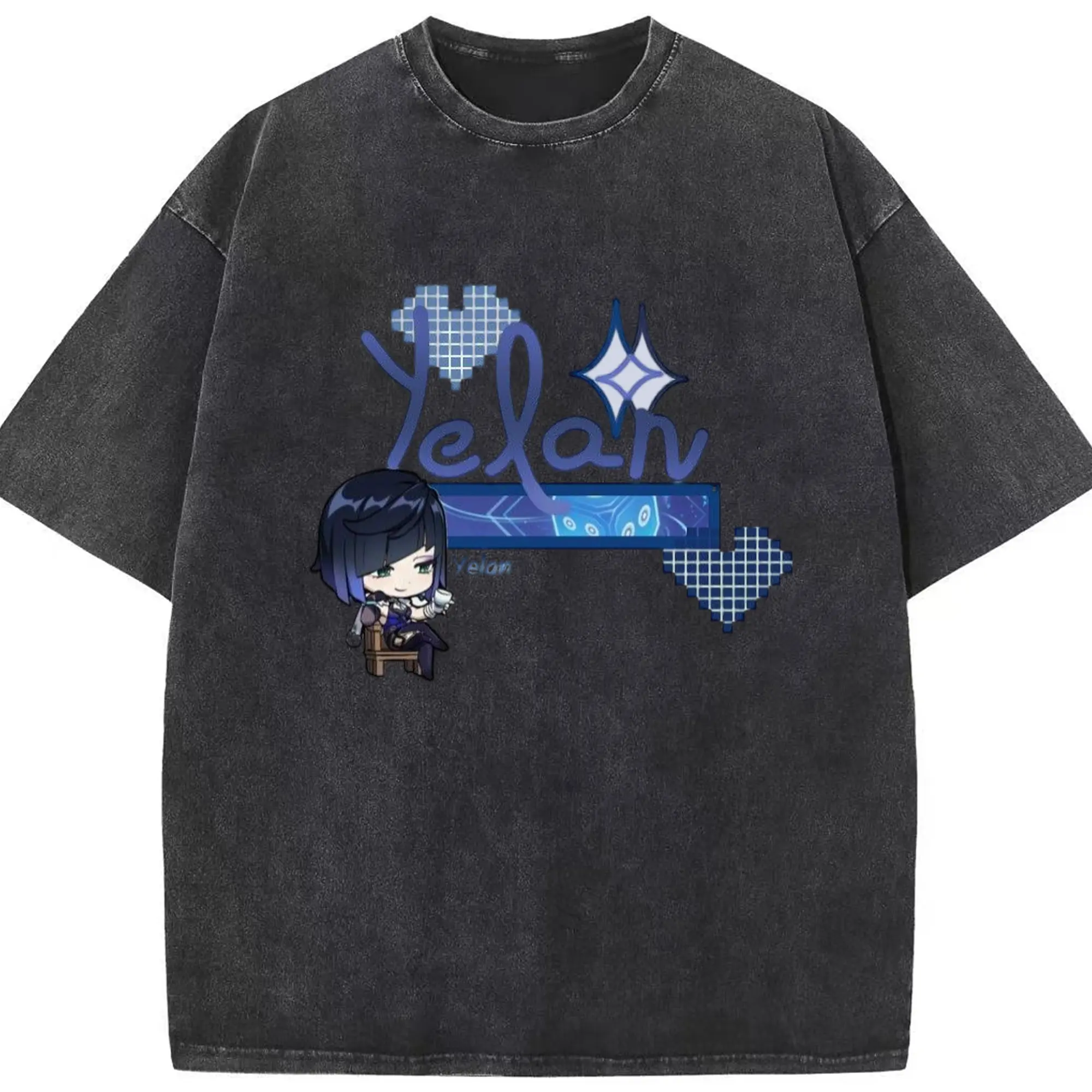 Genshin 璃月 夜蘭 - 綿100％ ヴィンテージ風 半袖Tシャツ ・ フロントプリント ・ 柔らか肌触り ・ 通気性 快適 ・ スポーツ カジュアル 外出用