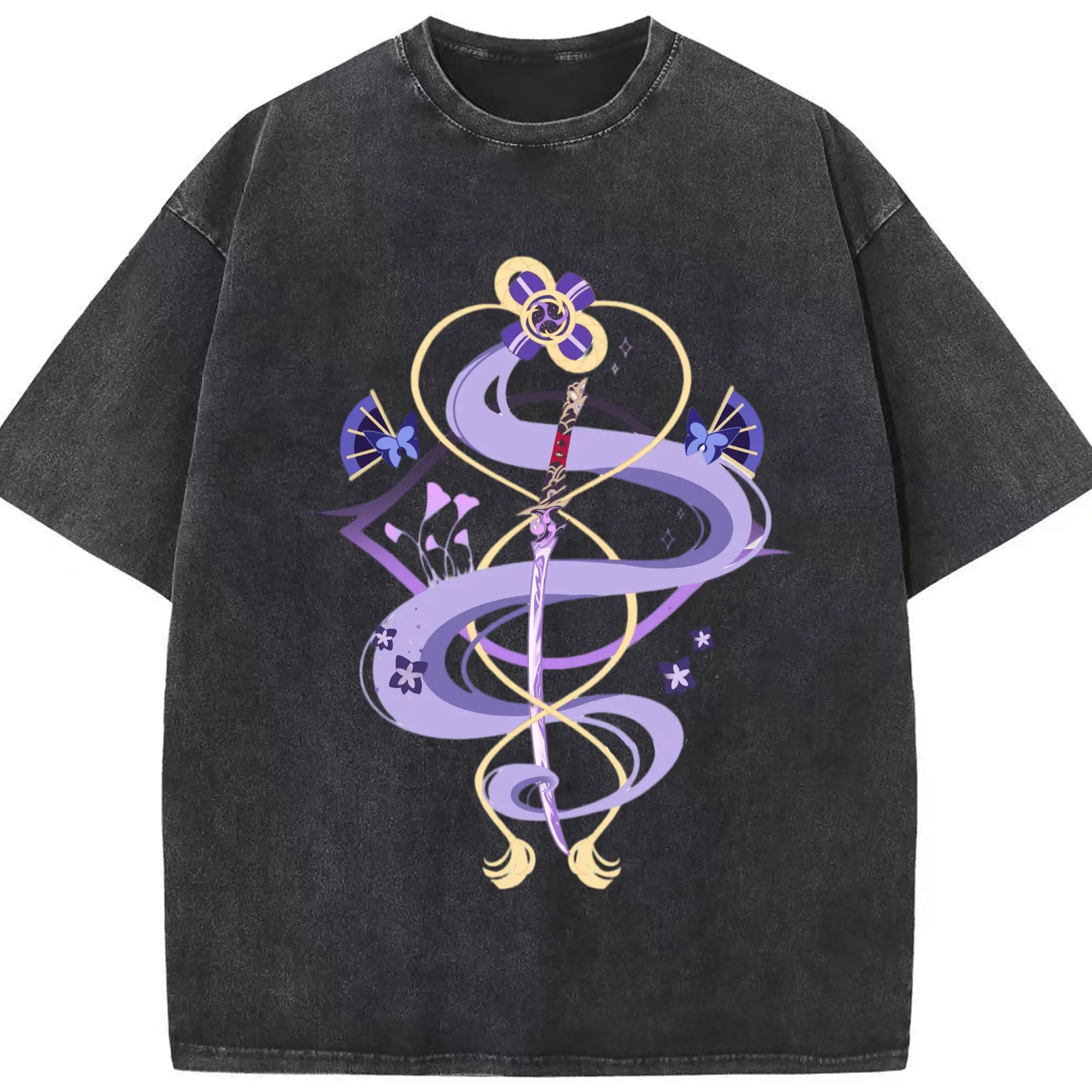 Genshin 稲妻 雷神らいじん ライデンショウグン - 綿100％ ヴィンテージ風 半袖Tシャツ ・ フロントプリント ・ 柔らか肌触り ・ 通気性 快適 ・ スポーツ カジュアル 外出用