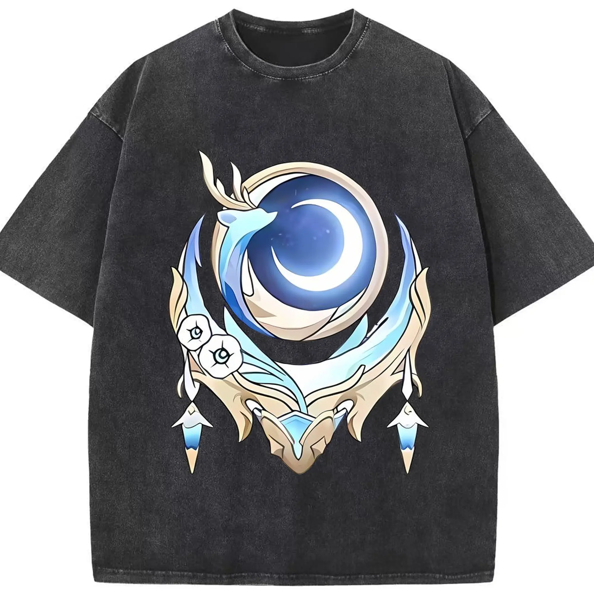 Genshin 空月の歌 - 綿100％ ヴィンテージ風 半袖Tシャツ ・ フロントプリント ・ 柔らか肌触り ・ 通気性 快適 ・ スポーツ カジュアル 外出用