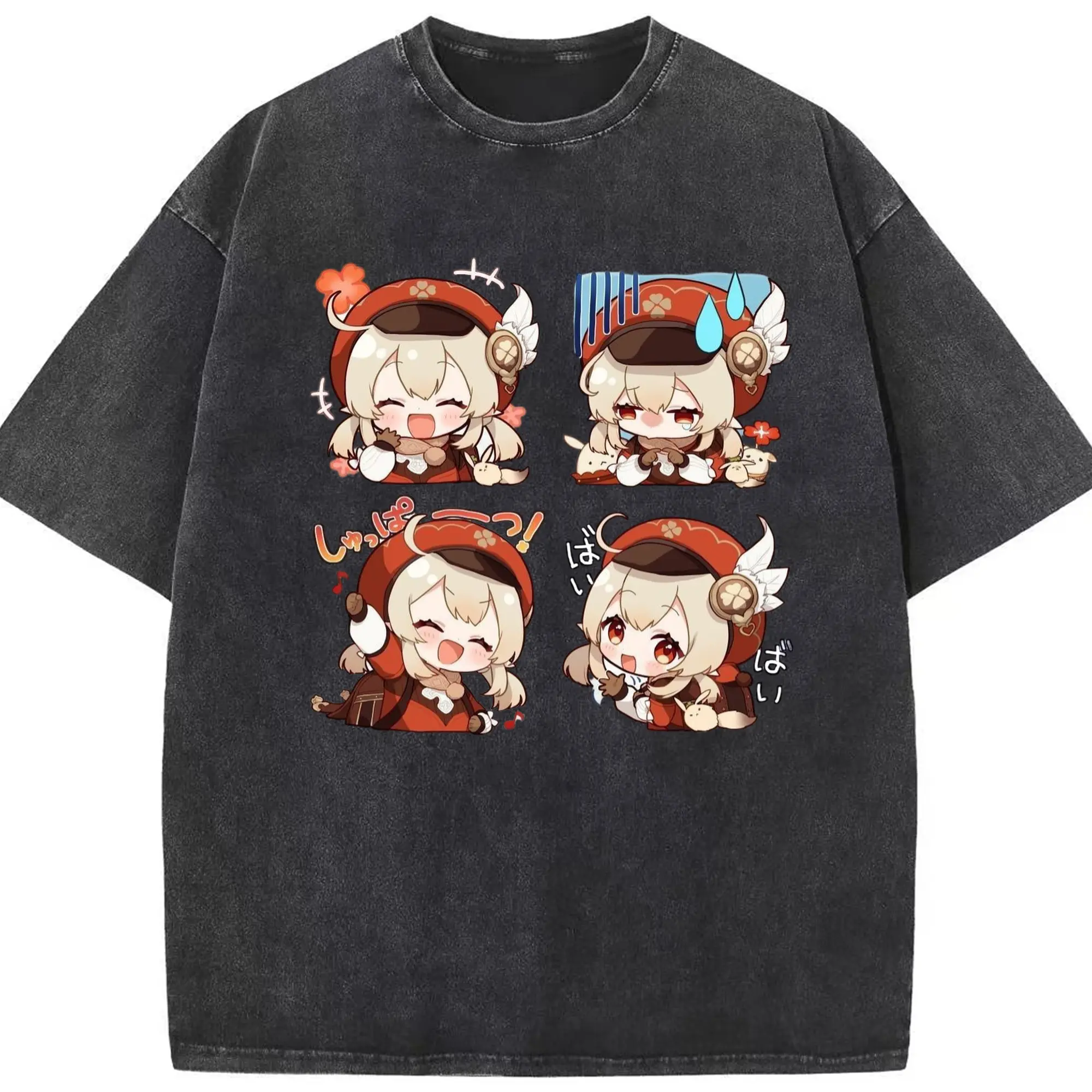 Genshin モンド クレーちゃん 4コマ写真 - 綿100％ ヴィンテージ風 半袖Tシャツ ・ フロントプリント ・ 柔らか肌触り ・ 通気性 快適 ・ スポーツ カジュアル 外出用