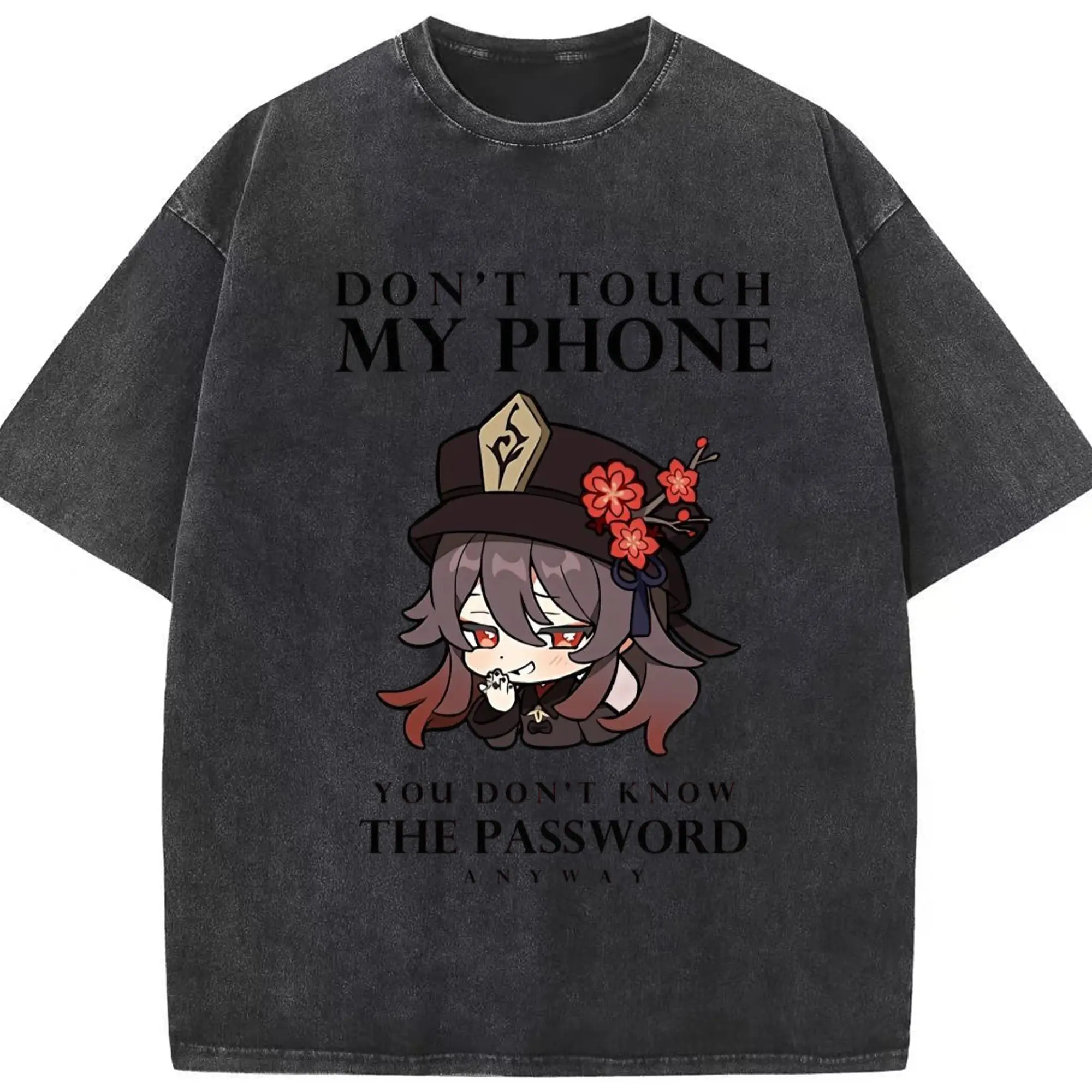 Genshinフータオ dont touch My Phone - 綿100％ ヴィンテージ風 半袖Tシャツ ・ フロントプリント ・ 柔らか肌触り ・ 通気性 快適 ・ スポーツ カジュアル 外出用