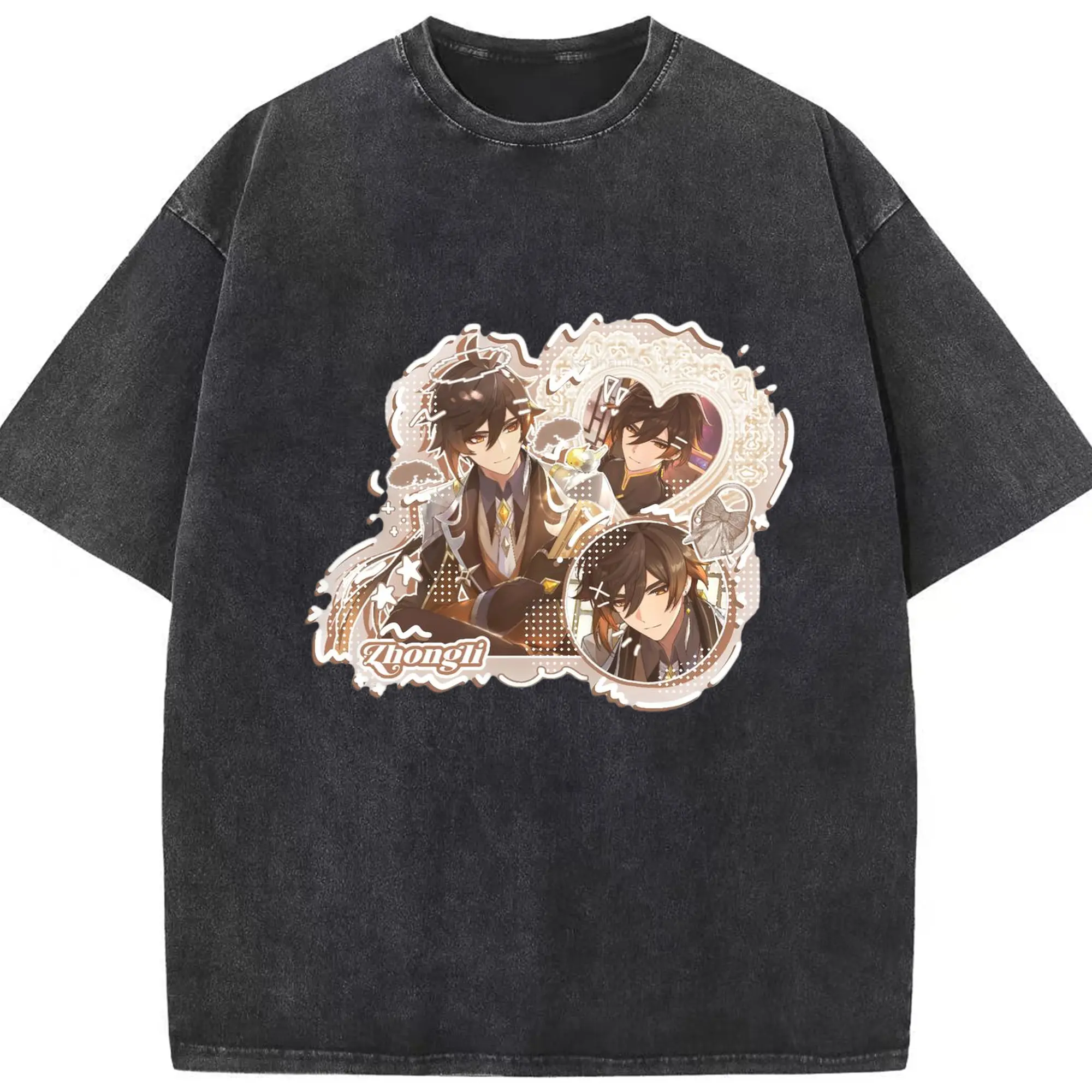 Genshin リーユエ 岩神がんしんモラクス 鍾離 - 綿100％ ヴィンテージ風 半袖Tシャツ ・ フロントプリント ・ 柔らか肌触り ・ 通気性 快適 ・ スポーツ カジュアル 外出用