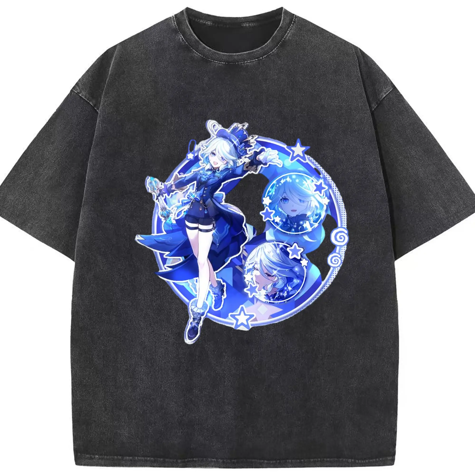 Genshin フォンテーヌ 水神すいじんフォカロルス フリーナ - 綿100％ ヴィンテージ風 半袖Tシャツ ・ フロントプリント ・ 柔らか肌触り ・ 通気性 快適 ・ スポーツ カジュアル 外出用