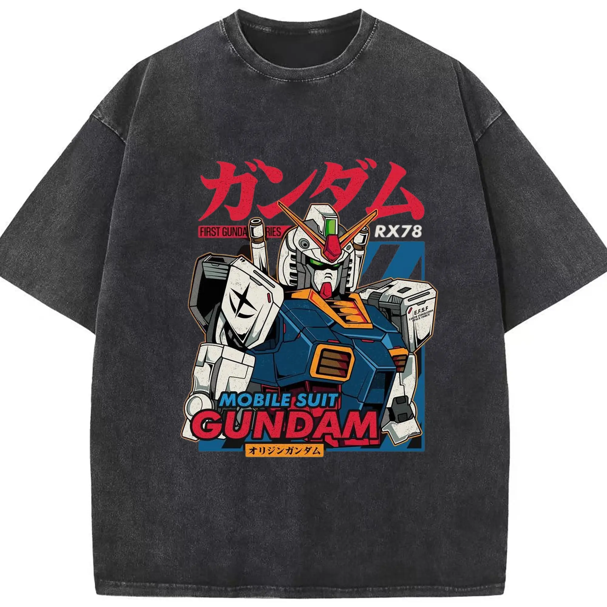 ガンダム 機動戦士 - 綿100％ ヴィンテージ風 半袖Tシャツ ・ フロントプリント ・ 柔らか肌触り ・ 通気性 快適 ・ スポーツ カジュアル 外出用