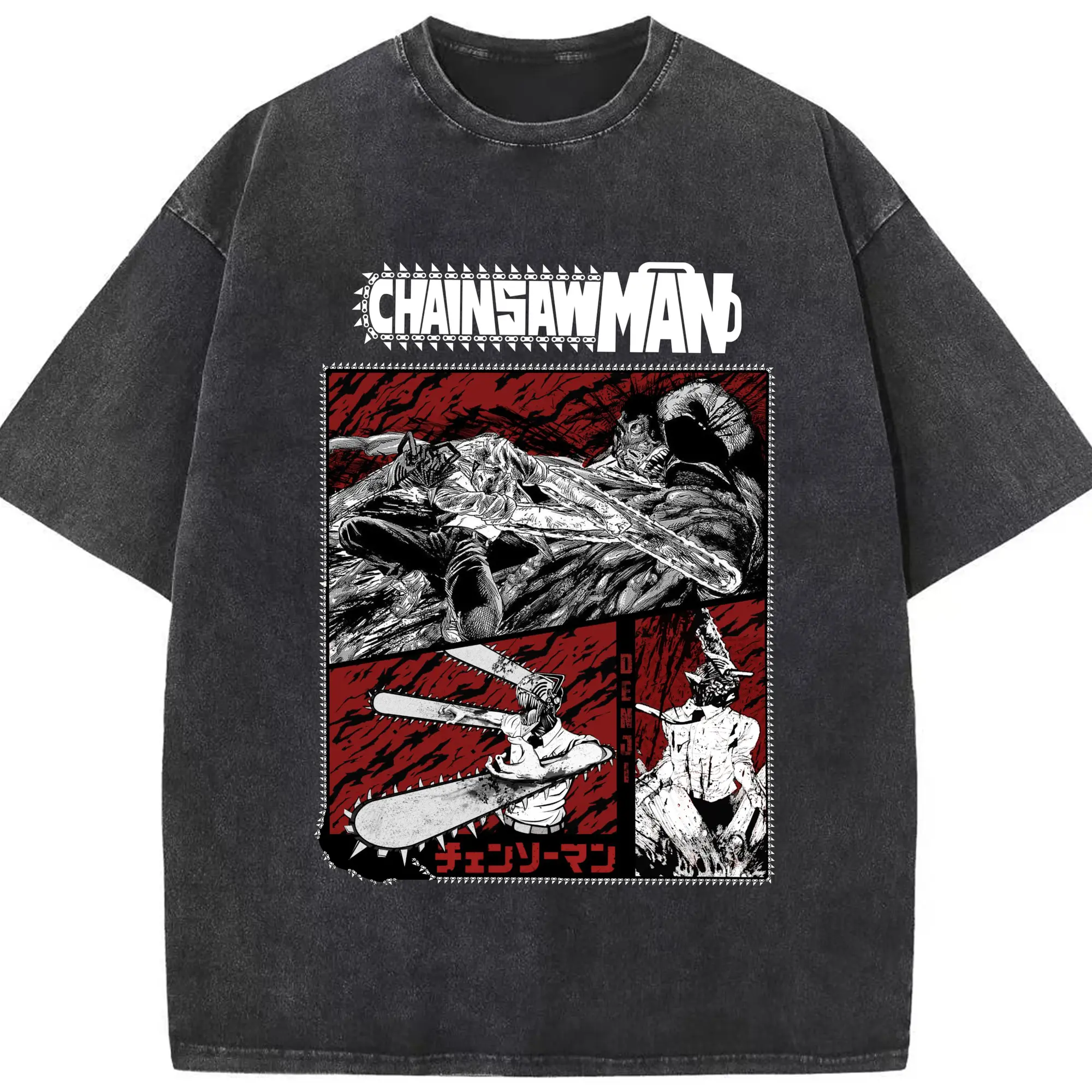 チェンソーマン chainsawman 電ノコ少年 デンジポチタ - 綿100％ ヴィンテージ風 半袖Tシャツ ・ フロントプリント ・ 柔らか肌触り ・ 通気性 快適 ・ スポーツ カジュアル 外出用