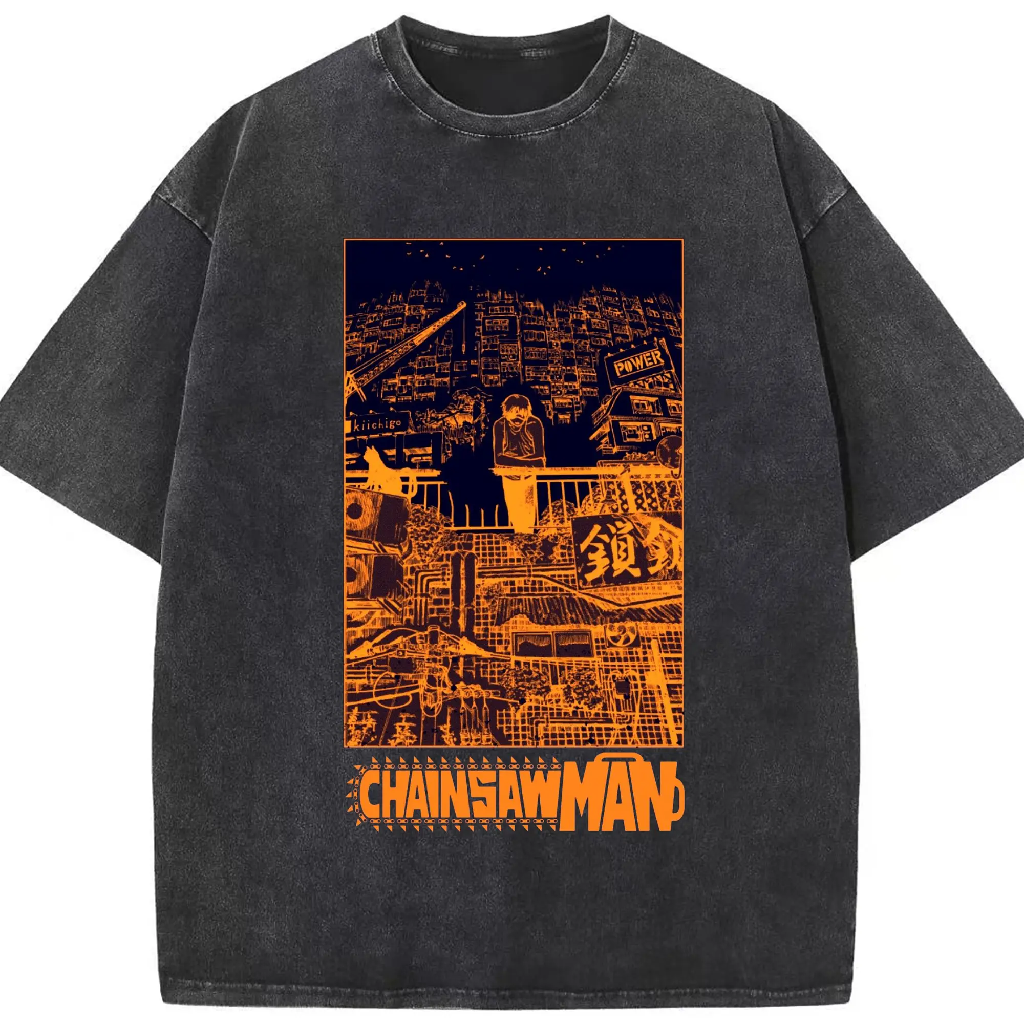 チェンソーマン KICKBACK_米津玄師 - 綿100％ ヴィンテージ風 半袖Tシャツ ・ フロントプリント ・ 柔らか肌触り ・ 通気性 快適 ・ スポーツ カジュアル 外出用