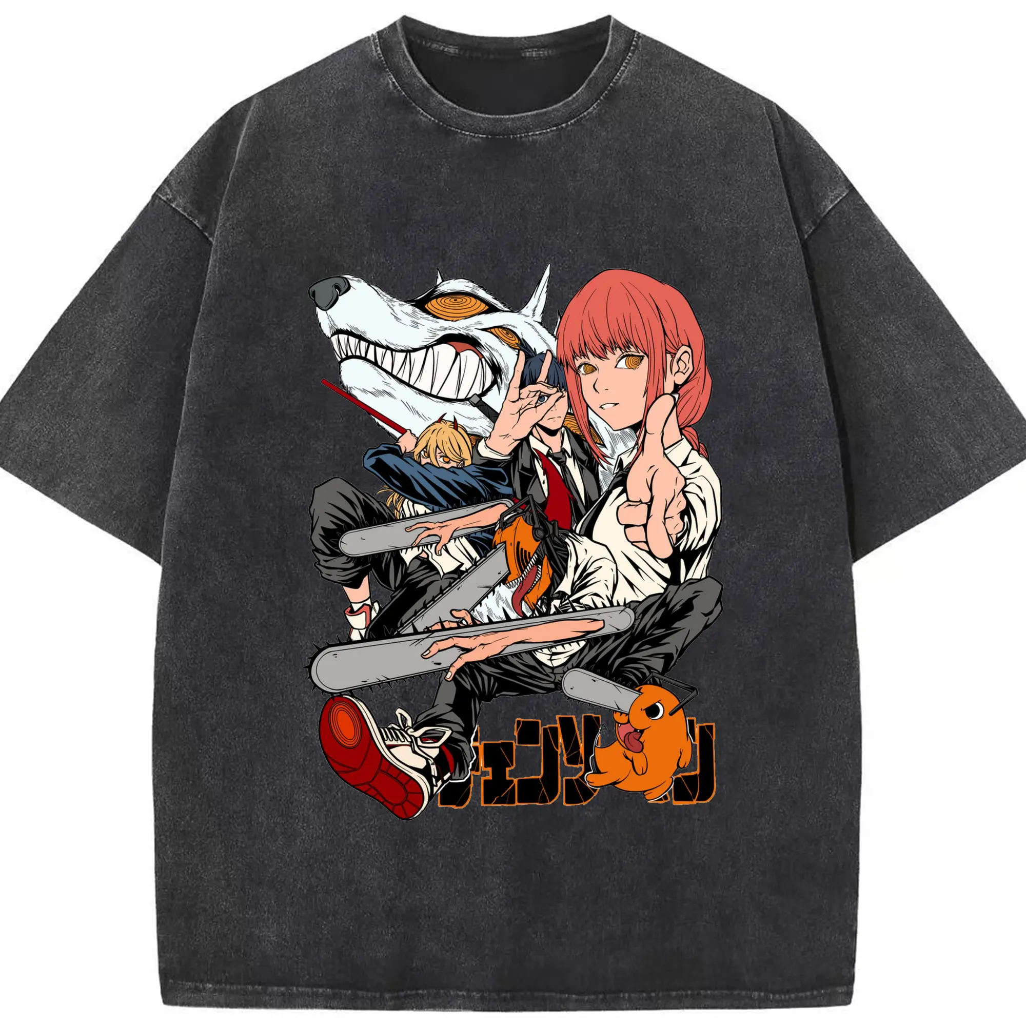 チェンソーマン デンジマキマ - 綿100％ ヴィンテージ風 半袖Tシャツ ・ フロントプリント ・ 柔らか肌触り ・ 通気性 快適 ・ スポーツ カジュアル 外出用