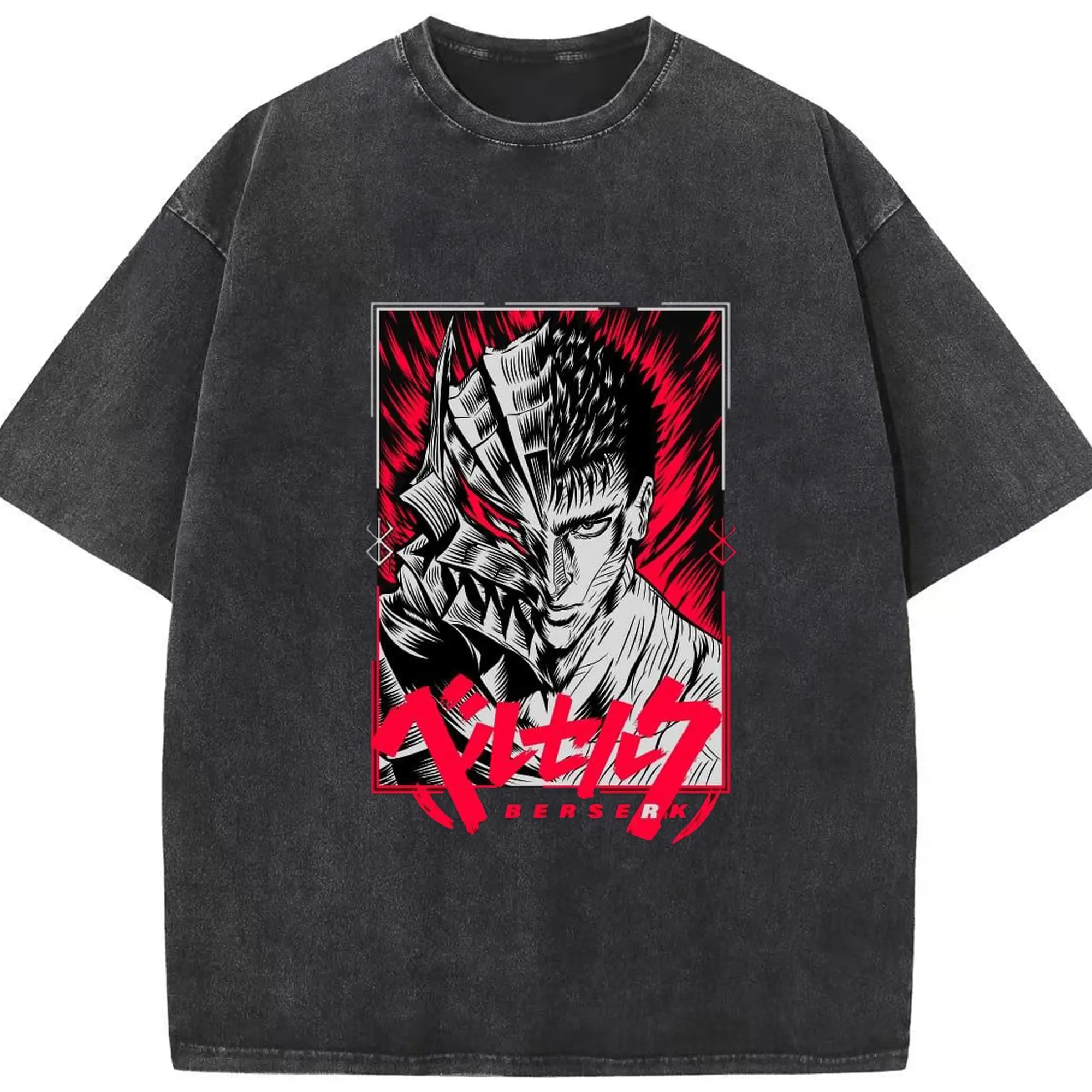 ベルセルク 狂戦士の甲冑ガッツ - 綿100％ ヴィンテージ風 半袖Tシャツ ・ フロントプリント ・ 柔らか肌触り ・ 通気性 快適 ・ スポーツ カジュアル 外出用