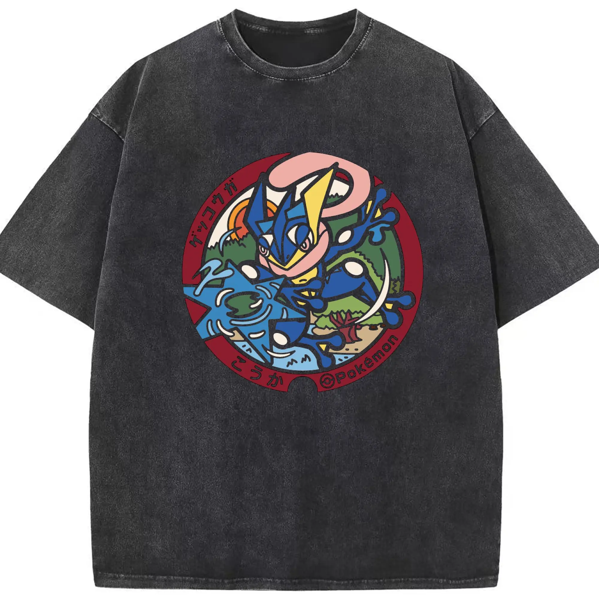 ポケモン ゲッコウガ - 綿100％ ヴィンテージ風 半袖Tシャツ ・ フロントプリント ・ 柔らか肌触り ・ 通気性 快適 ・ スポーツ カジュアル 外出用