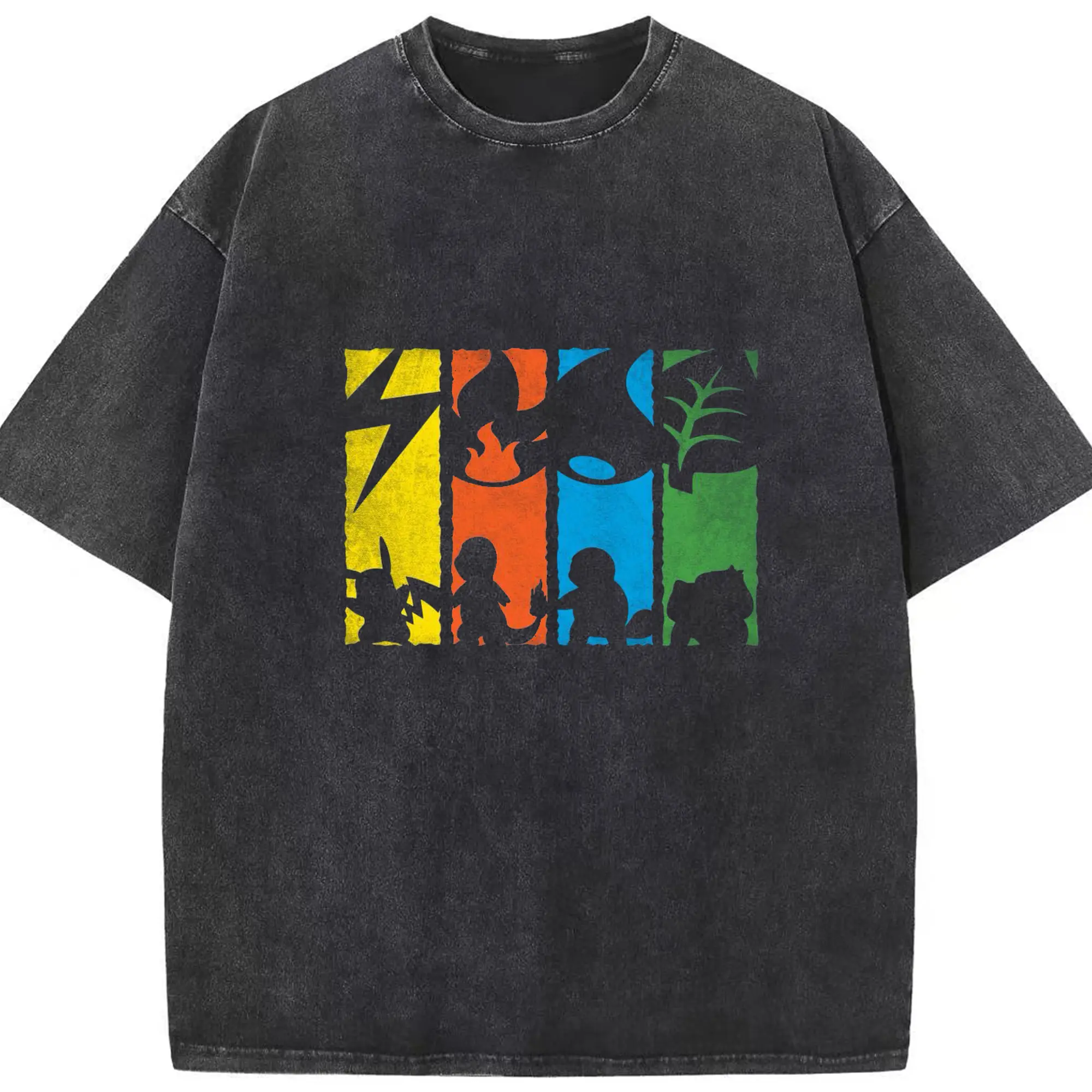 ポケモン　リザードンとピカチュウ - 綿100％ ヴィンテージ風 半袖Tシャツ ・ フロントプリント ・ 柔らか肌触り ・ 通気性 快適 ・ スポーツ カジュアル 外出用