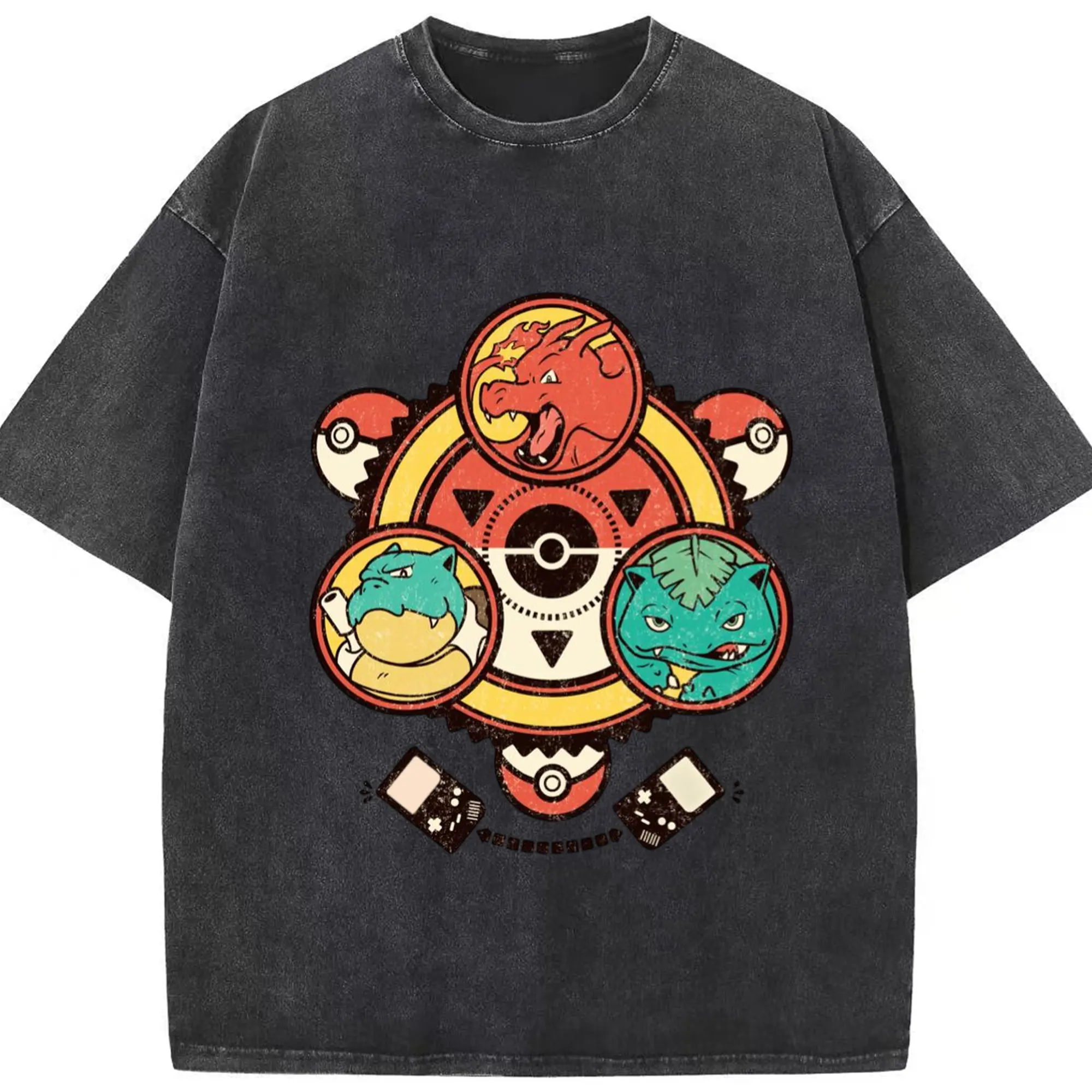 ポケモンフシギダネ進化コンプリート - 綿100％ ヴィンテージ風 半袖Tシャツ ・ フロントプリント ・ 柔らか肌触り ・ 通気性 快適 ・ スポーツ カジュアル 外出用