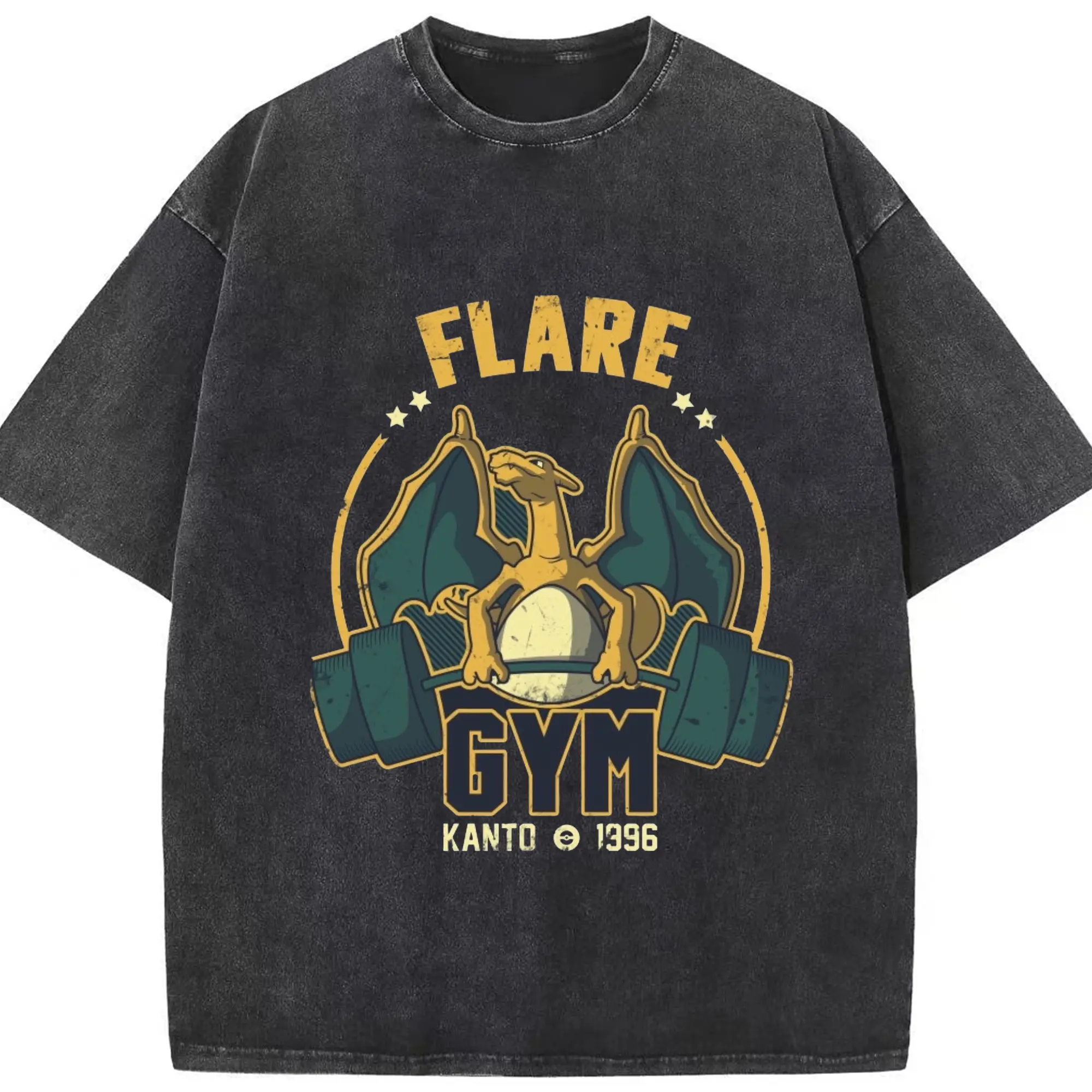 ポケモン リザードンGYM特別限定 - 綿100％ ヴィンテージ風 半袖Tシャツ ・ フロントプリント ・ 柔らか肌触り ・ 通気性 快適 ・ スポーツ カジュアル 外出用