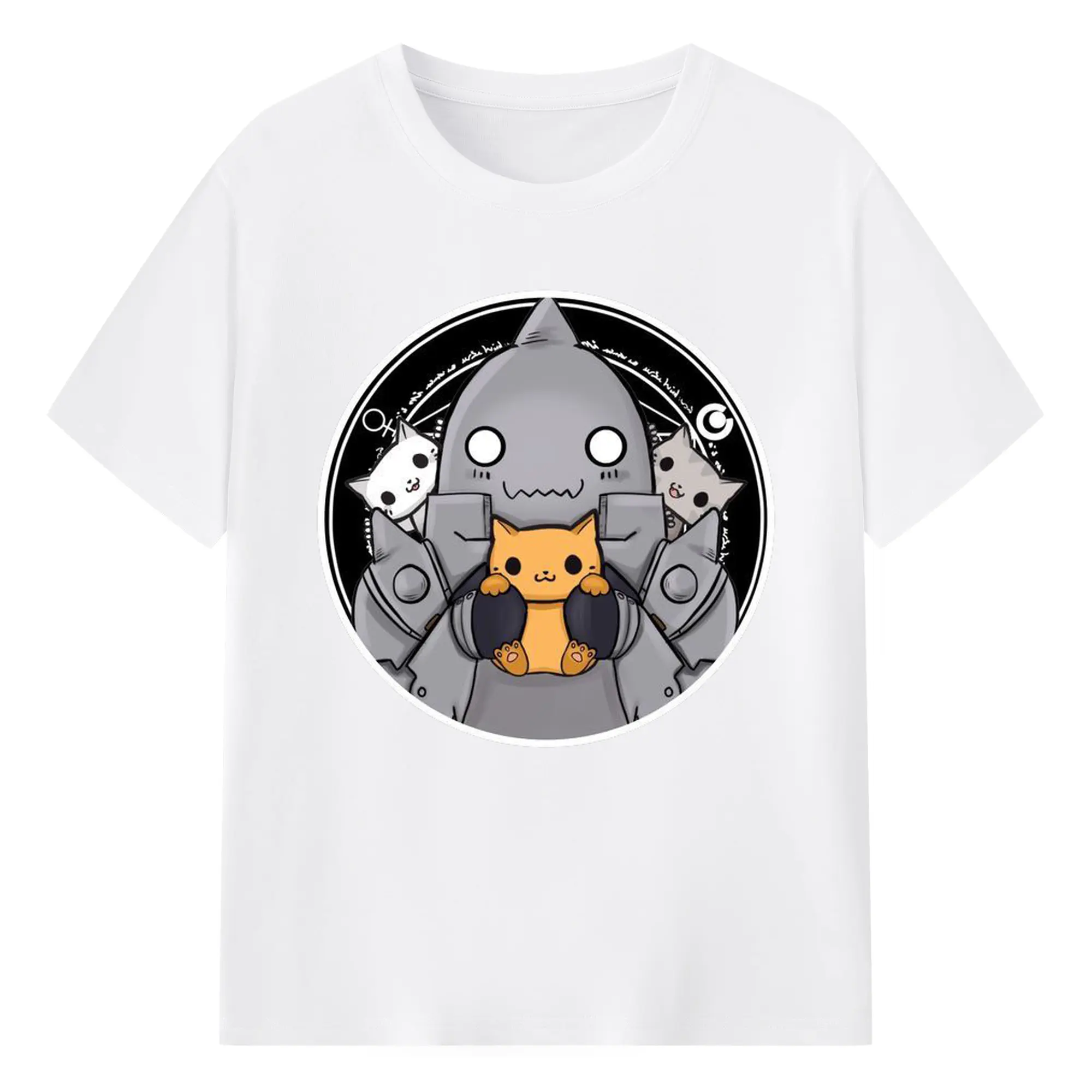 鋼の錬金術師 デフォルトアルフォンス猫まおまお - 綿100％ 半袖Tシャツ ・ フロントプリント ・ 快適 通気性 ・ 日常使い 散歩 スポーツ用