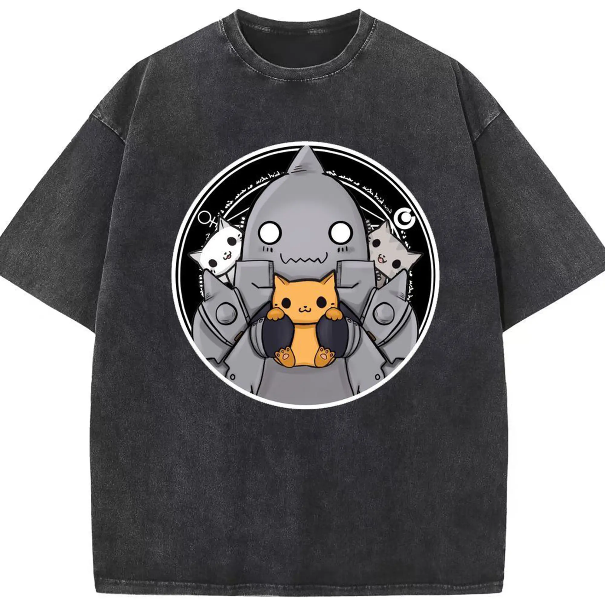 鋼の錬金術師 デフォルトアルフォンス猫まおまお - 綿100％ ヴィンテージ風 半袖Tシャツ ・ フロントプリント ・ 柔らか肌触り ・ 通気性 快適 ・ スポーツ カジュアル 外出用