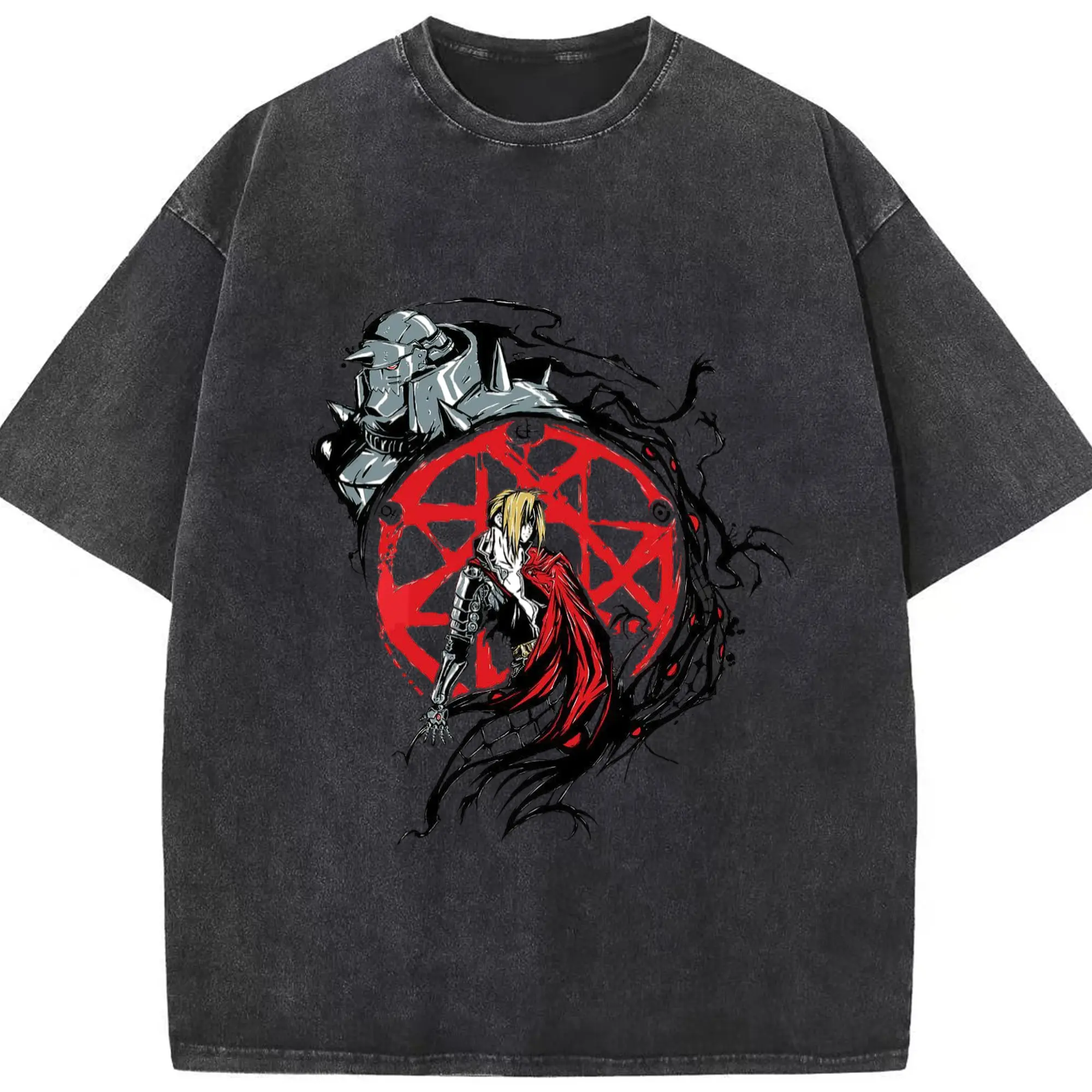 鋼の錬金術師　エドワードエルリック - 綿100％ ヴィンテージ風 半袖Tシャツ ・ フロントプリント ・ 柔らか肌触り ・ 通気性 快適 ・ スポーツ カジュアル 外出用