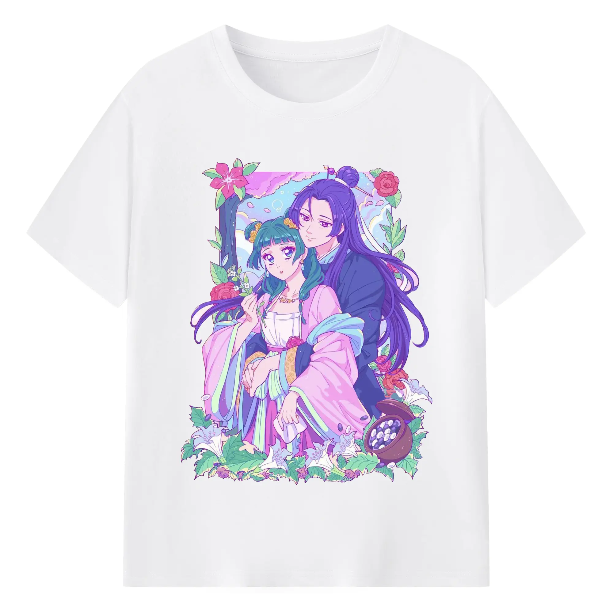 薬屋のひとりごと 猫猫・壬氏 - 綿100％ 半袖Tシャツ ・ フロントプリント ・ 快適 通気性 ・ 日常使い 散歩 スポーツ用