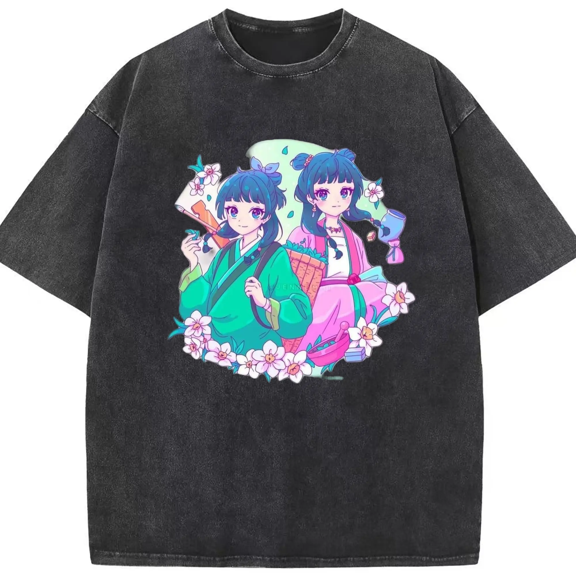 薬屋のひとりごと 毒舌かわいい 猫猫と後宮の仲間たち - 綿100％ ヴィンテージ風 半袖Tシャツ ・ フロントプリント ・ 柔らか肌触り ・ 通気性 快適 ・ スポーツ カジュアル 外出用