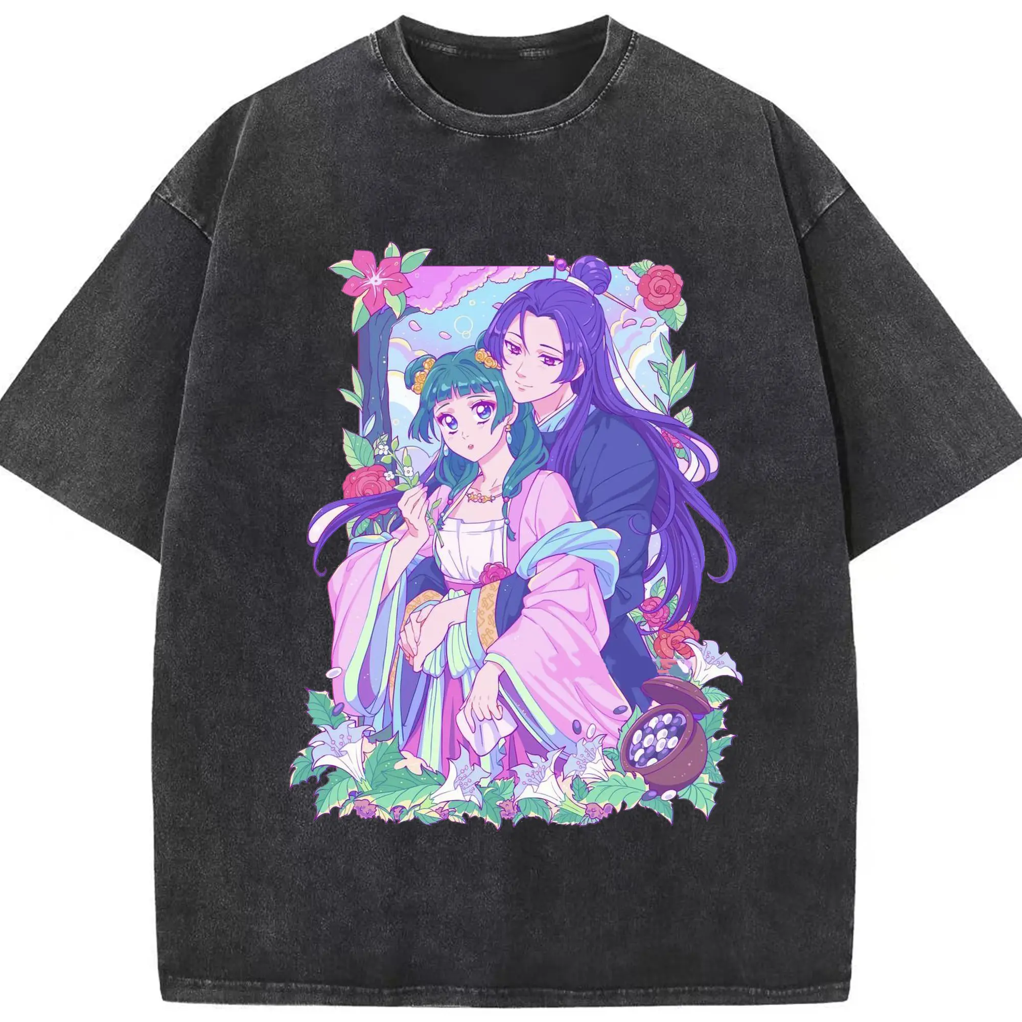 薬屋のひとりごと 猫猫・壬氏 - 綿100％ ヴィンテージ風 半袖Tシャツ ・ フロントプリント ・ 柔らか肌触り ・ 通気性 快適 ・ スポーツ カジュアル 外出用