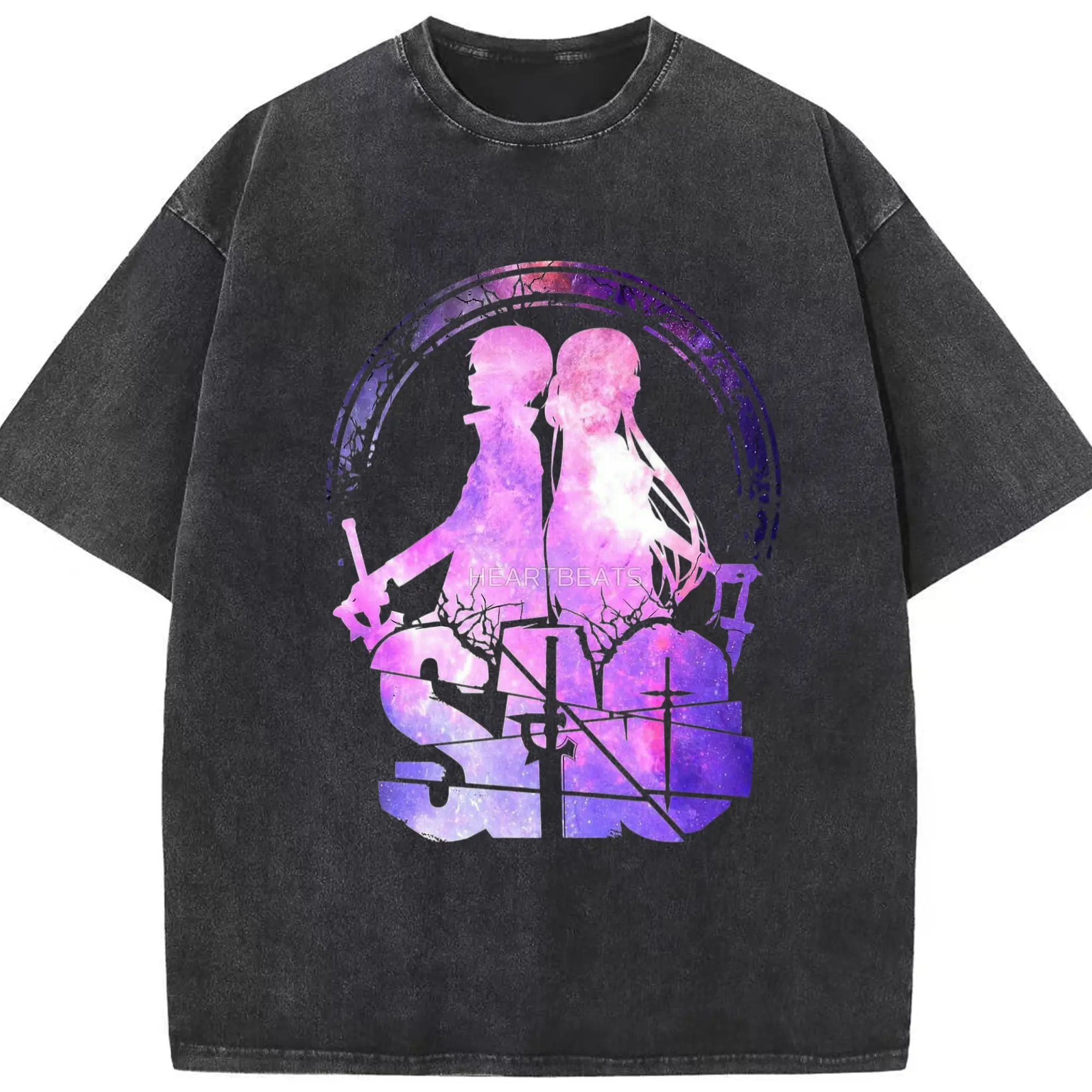 ソードアートオンライン  キリトアスナ - 綿100％ ヴィンテージ風 半袖Tシャツ ・ フロントプリント ・ 柔らか肌触り ・ 通気性 快適 ・ スポーツ カジュアル 外出用