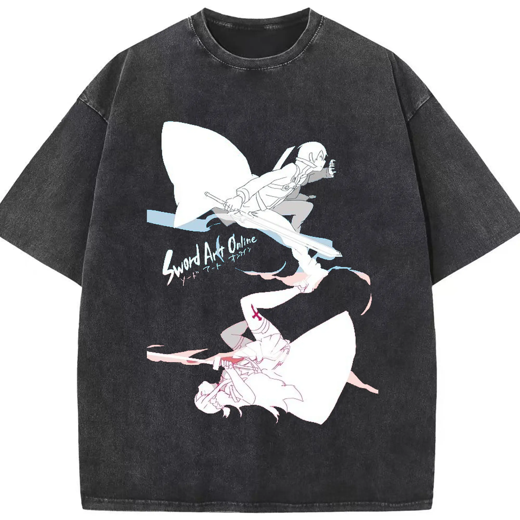 ソードアートオンライン KiritoAsuna - 綿100％ ヴィンテージ風 半袖Tシャツ ・ フロントプリント ・ 柔らか肌触り ・ 通気性 快適 ・ スポーツ カジュアル 外出用