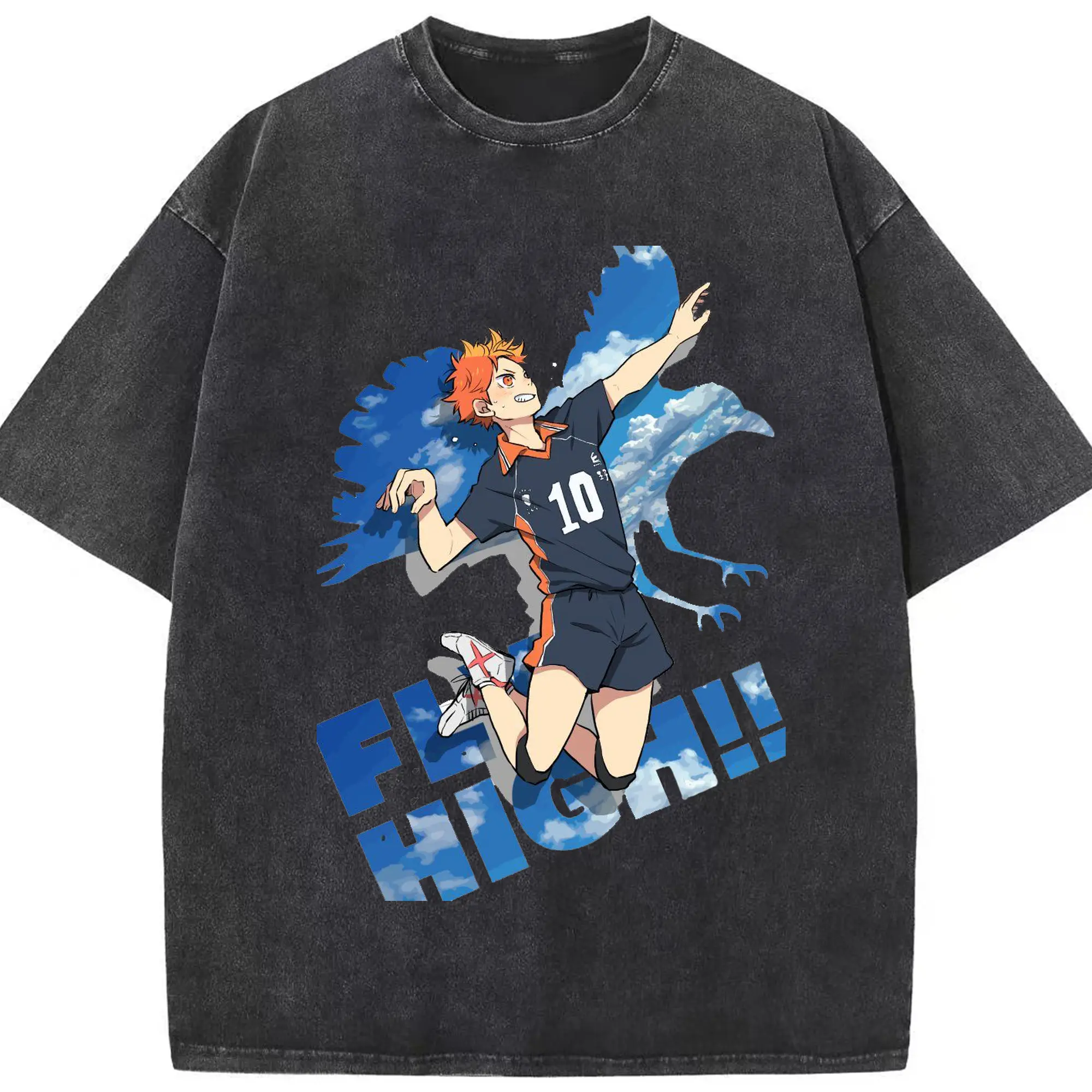 ハイキュー！！飛べ！FLY HIGH - 綿100％ ヴィンテージ風 半袖Tシャツ ・ フロントプリント ・ 柔らか肌触り ・ 通気性 快適 ・ スポーツ カジュアル 外出用