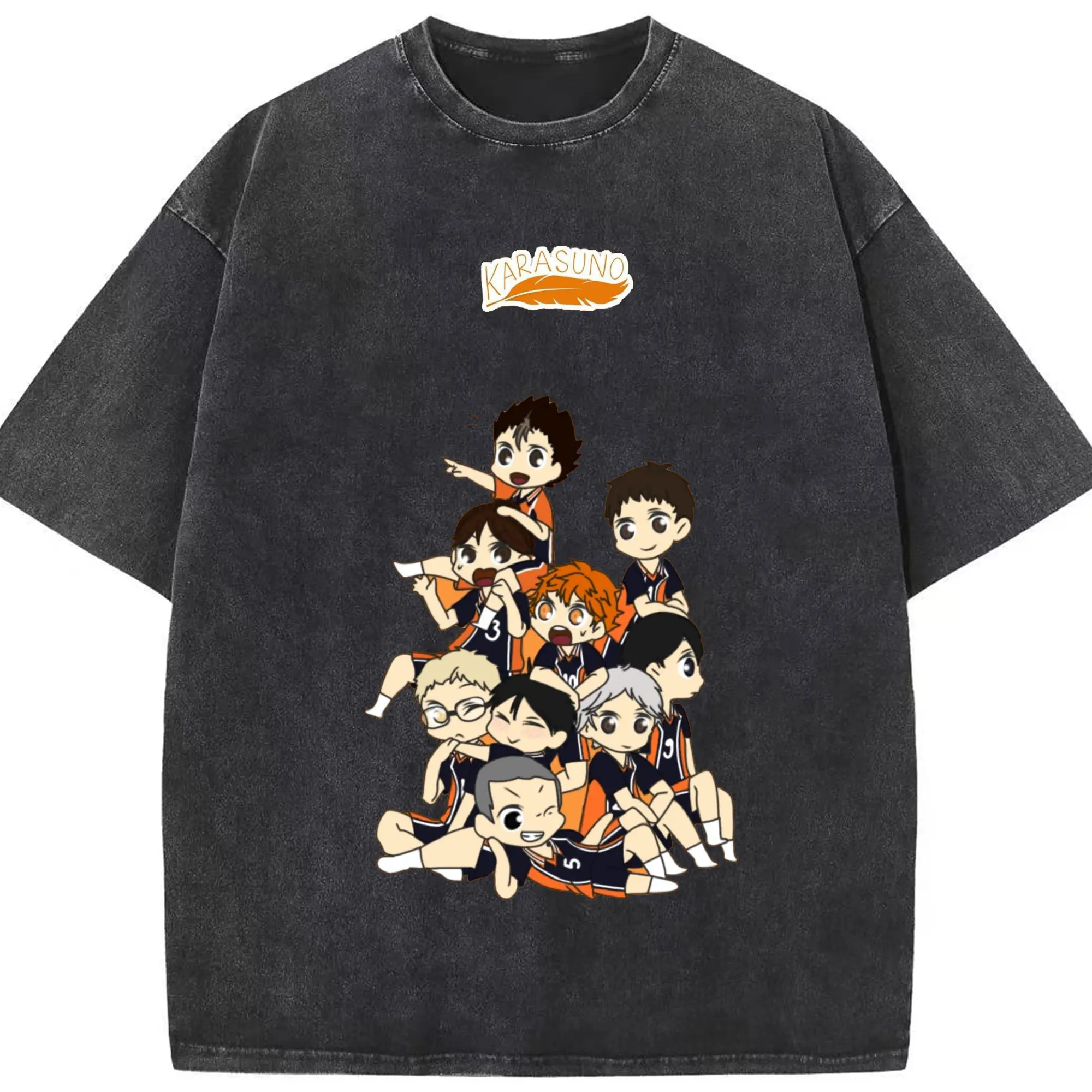 ハイキュー！！烏野高校 - 綿100％ ヴィンテージ風 半袖Tシャツ ・ フロントプリント ・ 柔らか肌触り ・ 通気性 快適 ・ スポーツ カジュアル 外出用