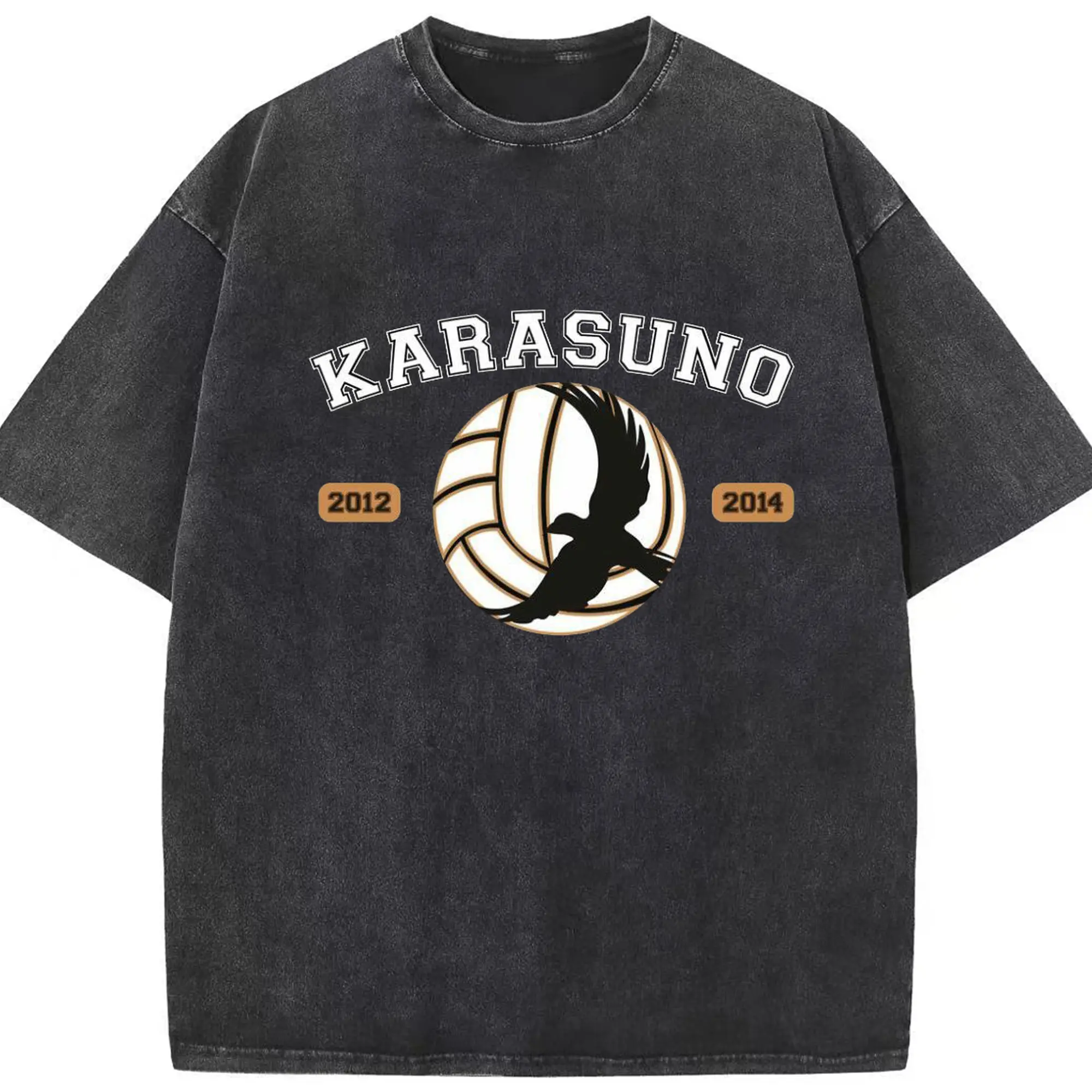 ハイキュー！！烏野高校シンプルロゴ - 綿100％ ヴィンテージ風 半袖Tシャツ ・ フロントプリント ・ 柔らか肌触り ・ 通気性 快適 ・ スポーツ カジュアル 外出用