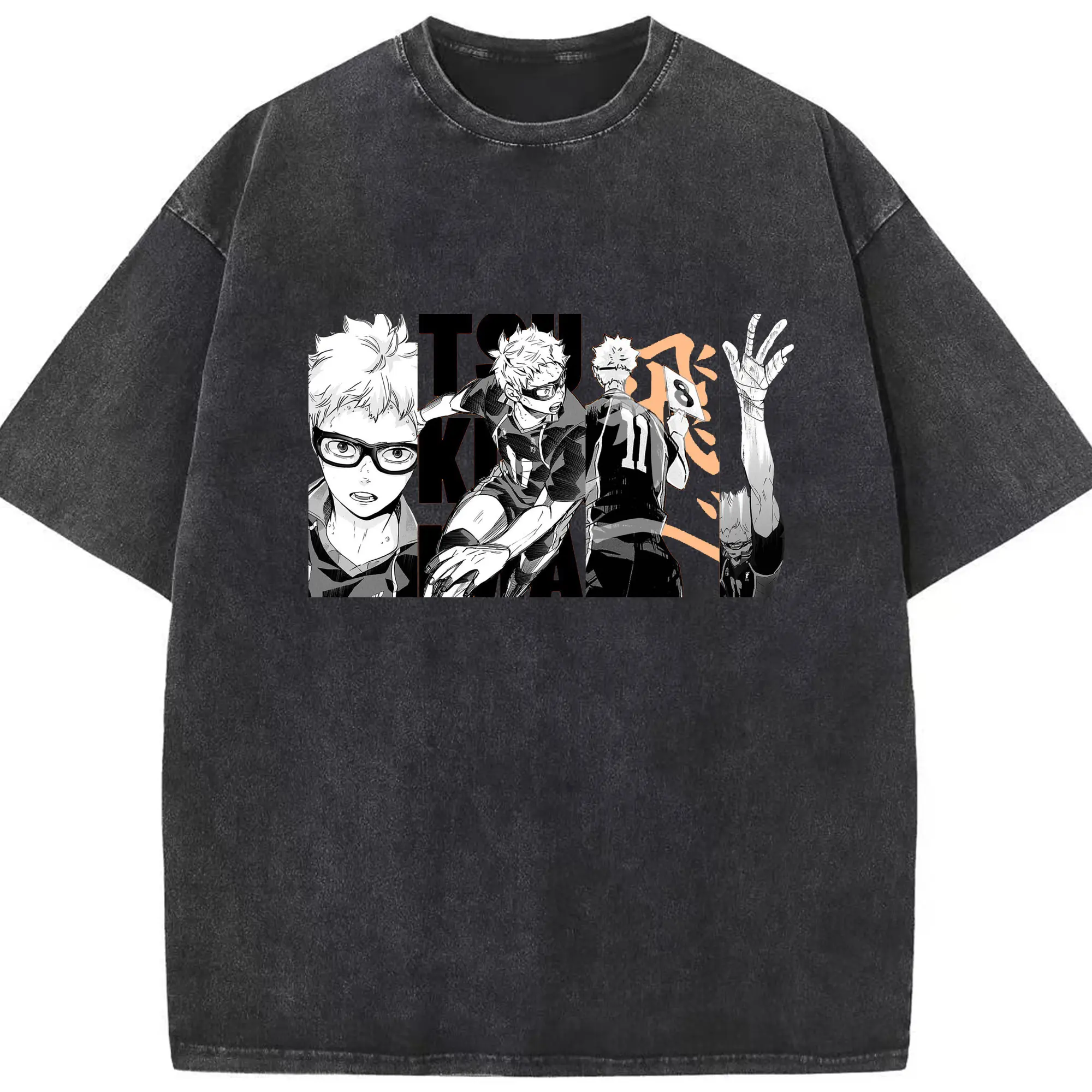 ハイキュー！！ 月島蛍 - 綿100％ ヴィンテージ風 半袖Tシャツ ・ フロントプリント ・ 柔らか肌触り ・ 通気性 快適 ・ スポーツ カジュアル 外出用