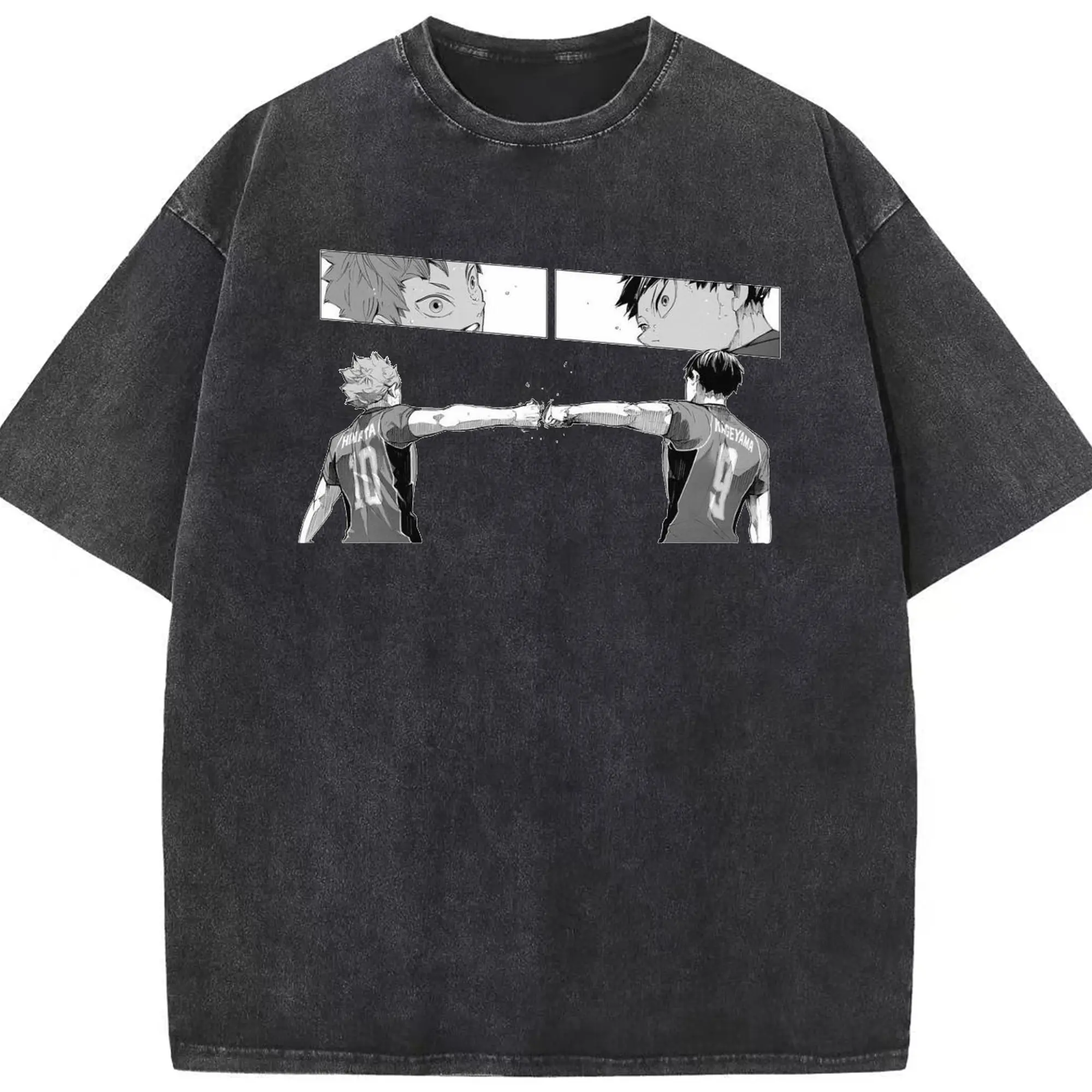 ハイキュー！！日向翔陽 影山飛雄 名場面 - 綿100％ ヴィンテージ風 半袖Tシャツ ・ フロントプリント ・ 柔らか肌触り ・ 通気性 快適 ・ スポーツ カジュアル 外出用