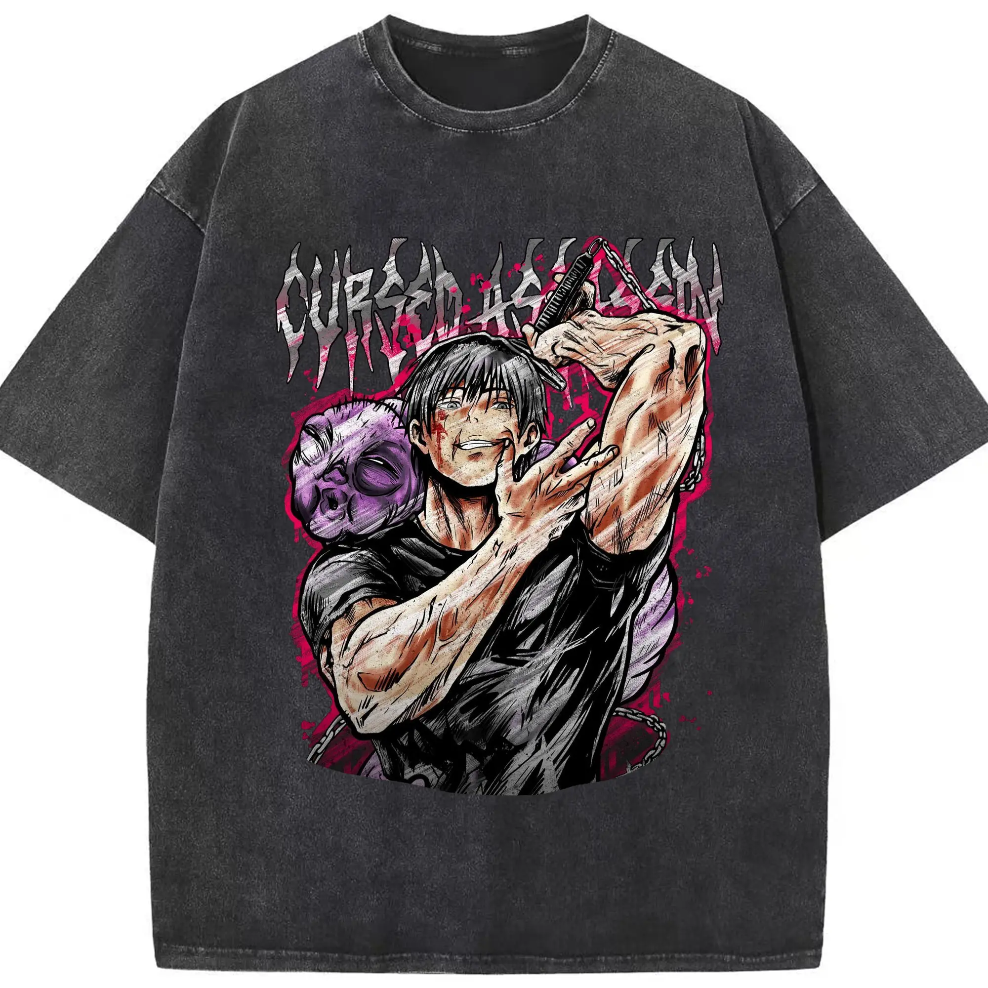 呪術廻戦  伏黒甚爾天与呪縛術師殺し - 綿100％ ヴィンテージ風 半袖Tシャツ ・ フロントプリント ・ 柔らか肌触り ・ 通気性 快適 ・ スポーツ カジュアル 外出用