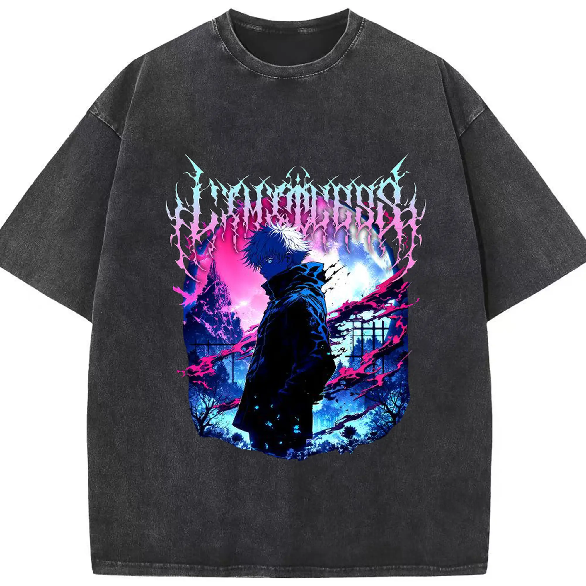 呪術廻戦 五条悟 俺が最強だから - 綿100％ ヴィンテージ風 半袖Tシャツ ・ フロントプリント ・ 柔らか肌触り ・ 通気性 快適 ・ スポーツ カジュアル 外出用