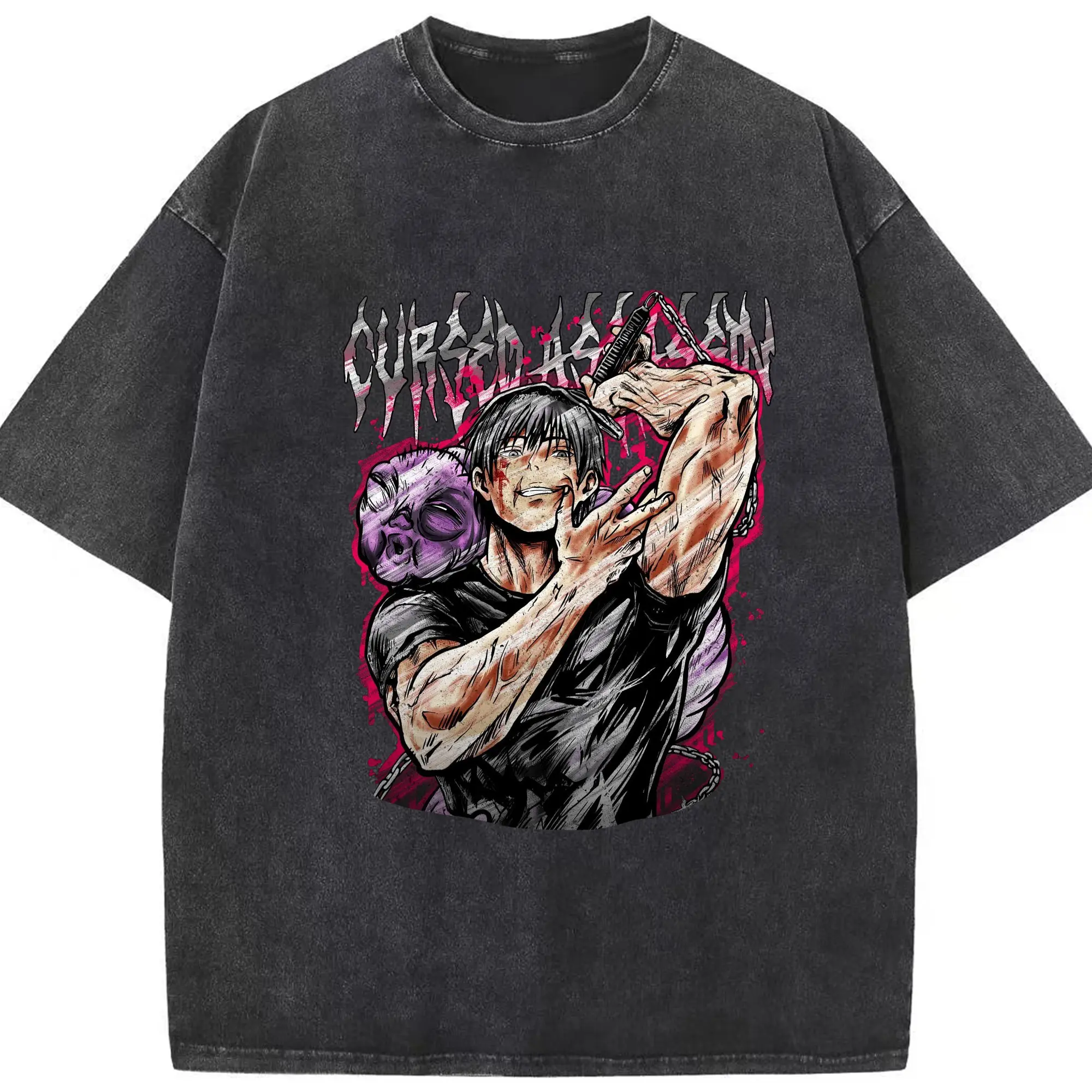 呪術廻戦  伏黒甚爾天与呪縛術師殺し - 綿100％ ヴィンテージ風 半袖Tシャツ ・ フロントプリント ・ 柔らか肌触り ・ 通気性 快適 ・ スポーツ カジュアル 外出用