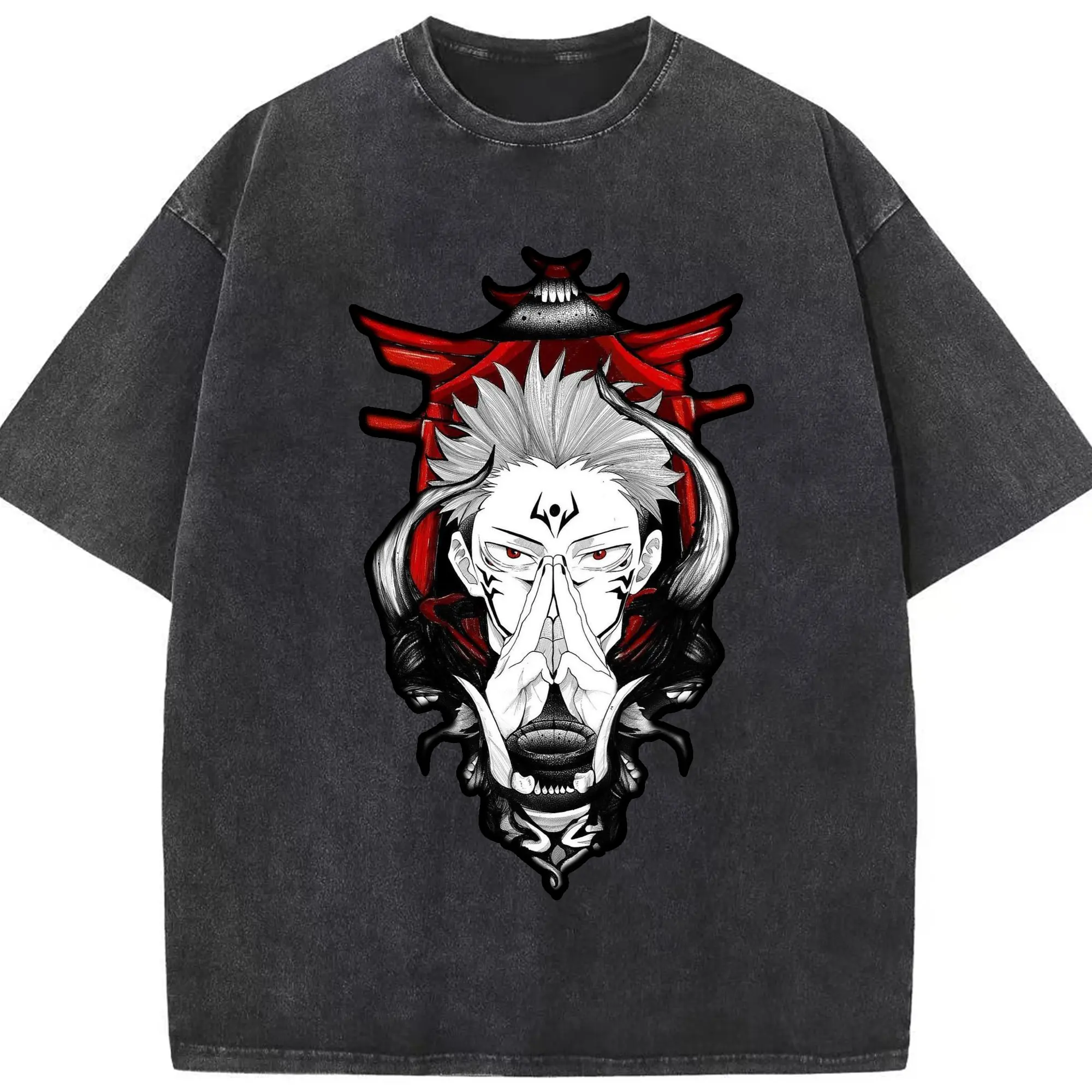 呪術廻戦 両面宿儺 - 綿100％ ヴィンテージ風 半袖Tシャツ ・ フロントプリント ・ 柔らか肌触り ・ 通気性 快適 ・ スポーツ カジュアル 外出用