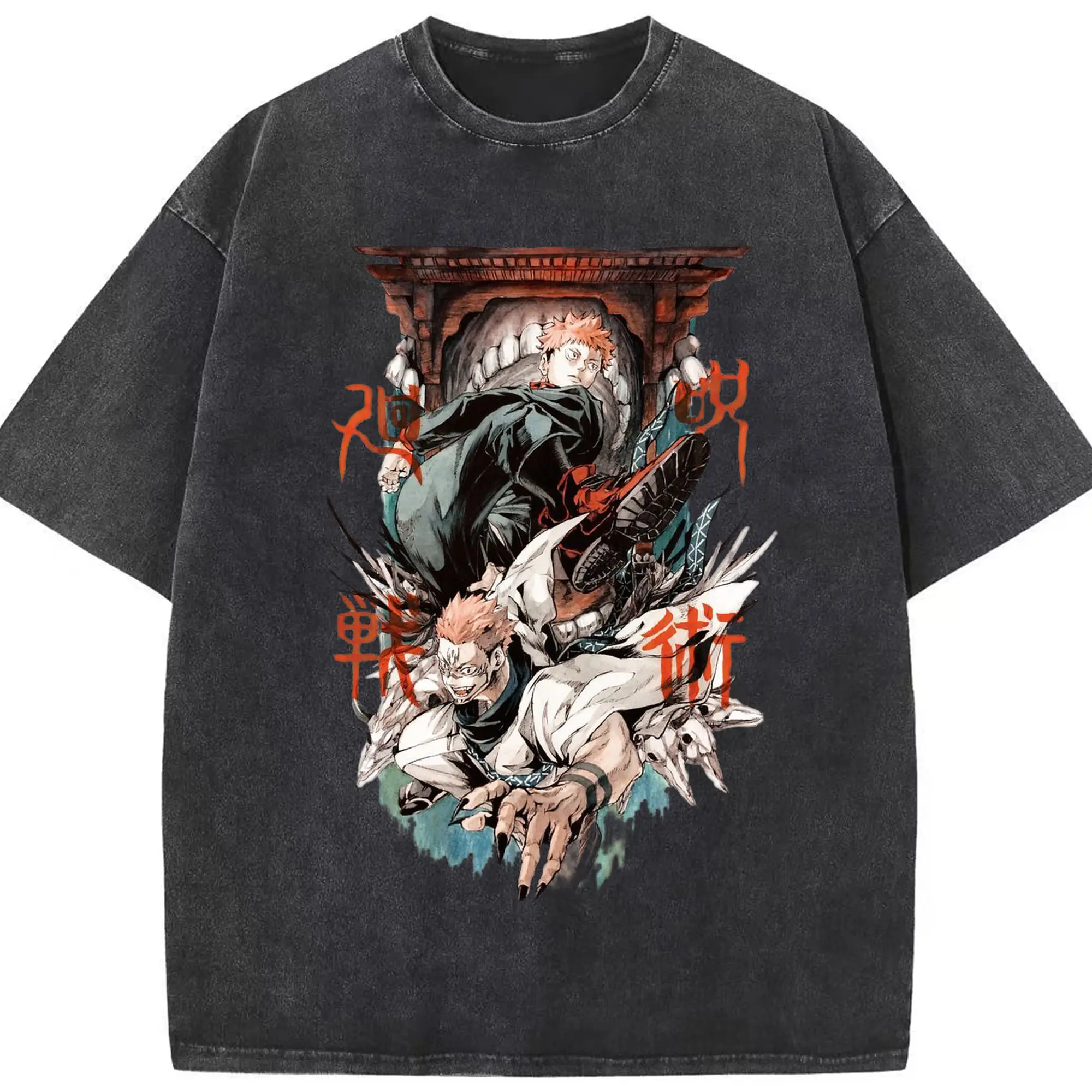 呪術廻戦 宿儺覚醒  両面宿儺 - 綿100％ ヴィンテージ風 半袖Tシャツ ・ フロントプリント ・ 柔らか肌触り ・ 通気性 快適 ・ スポーツ カジュアル 外出用