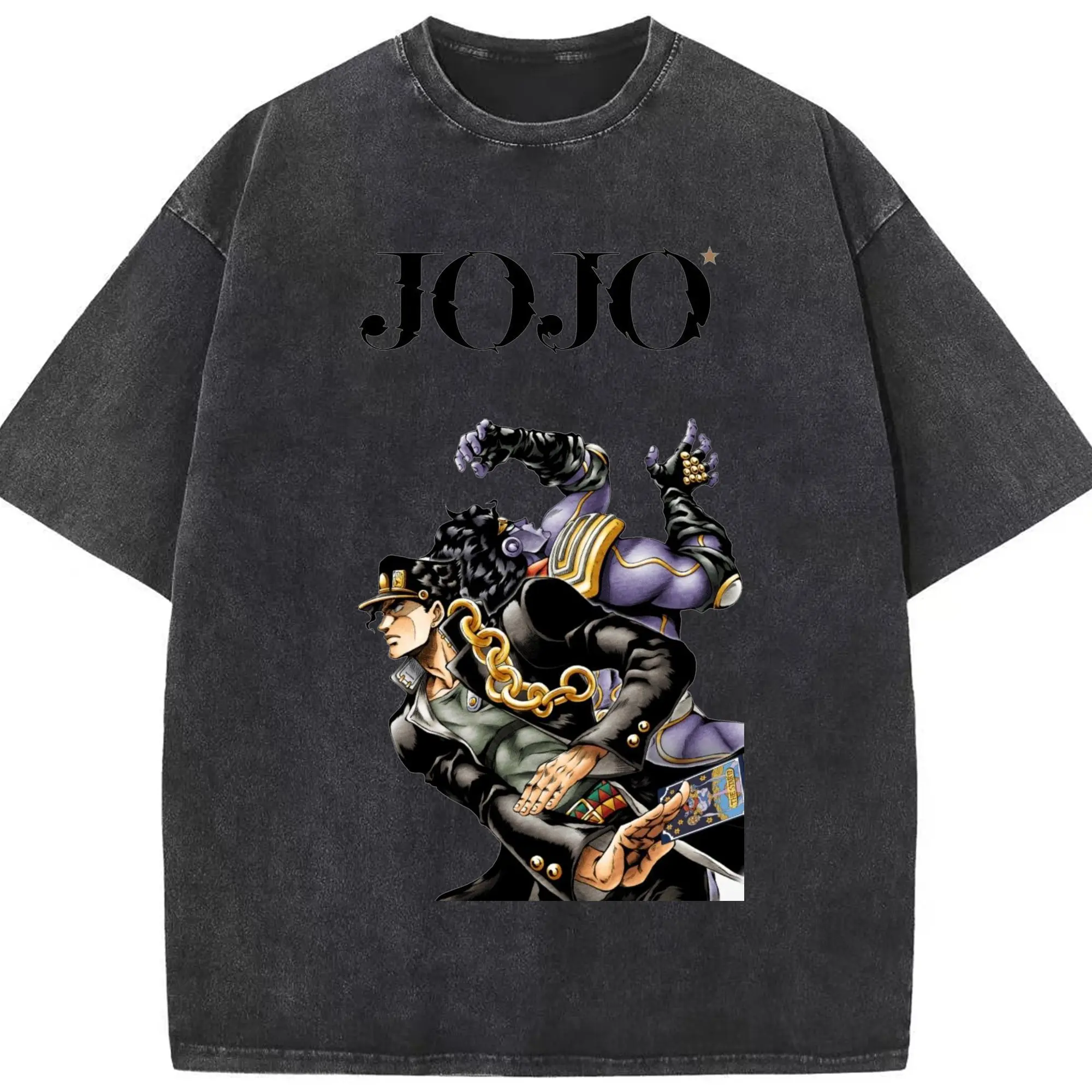 ジョジョの奇妙な冒険 空条承太郎 - 綿100％ ヴィンテージ風 半袖Tシャツ ・ フロントプリント ・ 柔らか肌触り ・ 通気性 快適 ・ スポーツ カジュアル 外出用